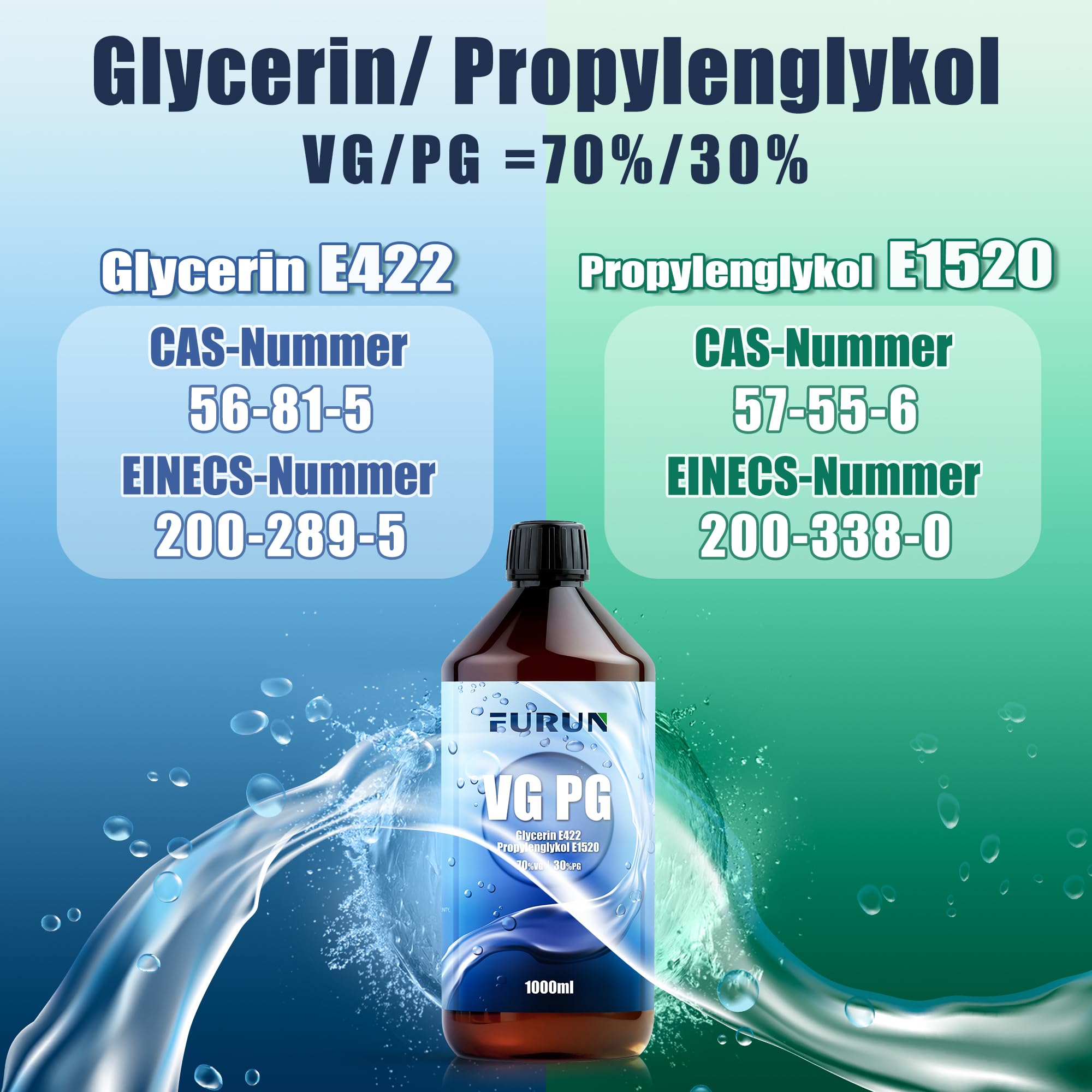 FURUN 70% VG Glycerin 30% PG Propylenglykol E422 E1520 Pharma-Qualität, Reinheit >99,9%, Vegan, Kindersichere PET-Apothekerflasche