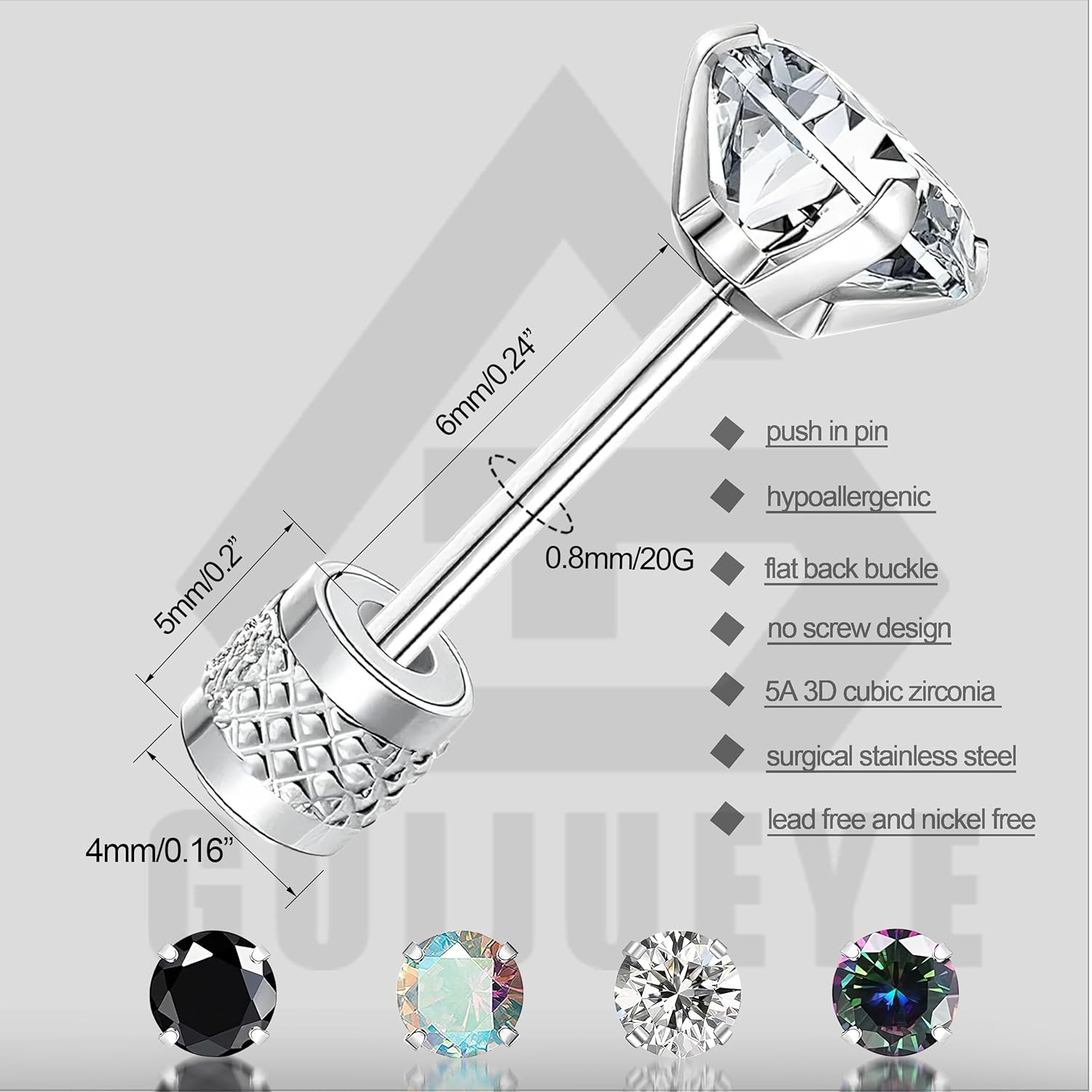 Threadless Push-in Flat Back Earrings – 4 Pairs Gold-Plated Hypoallergenic Titanium Surgical Steel Stud Earrings Set with Multicolor Cubic Zirconia for Women Men