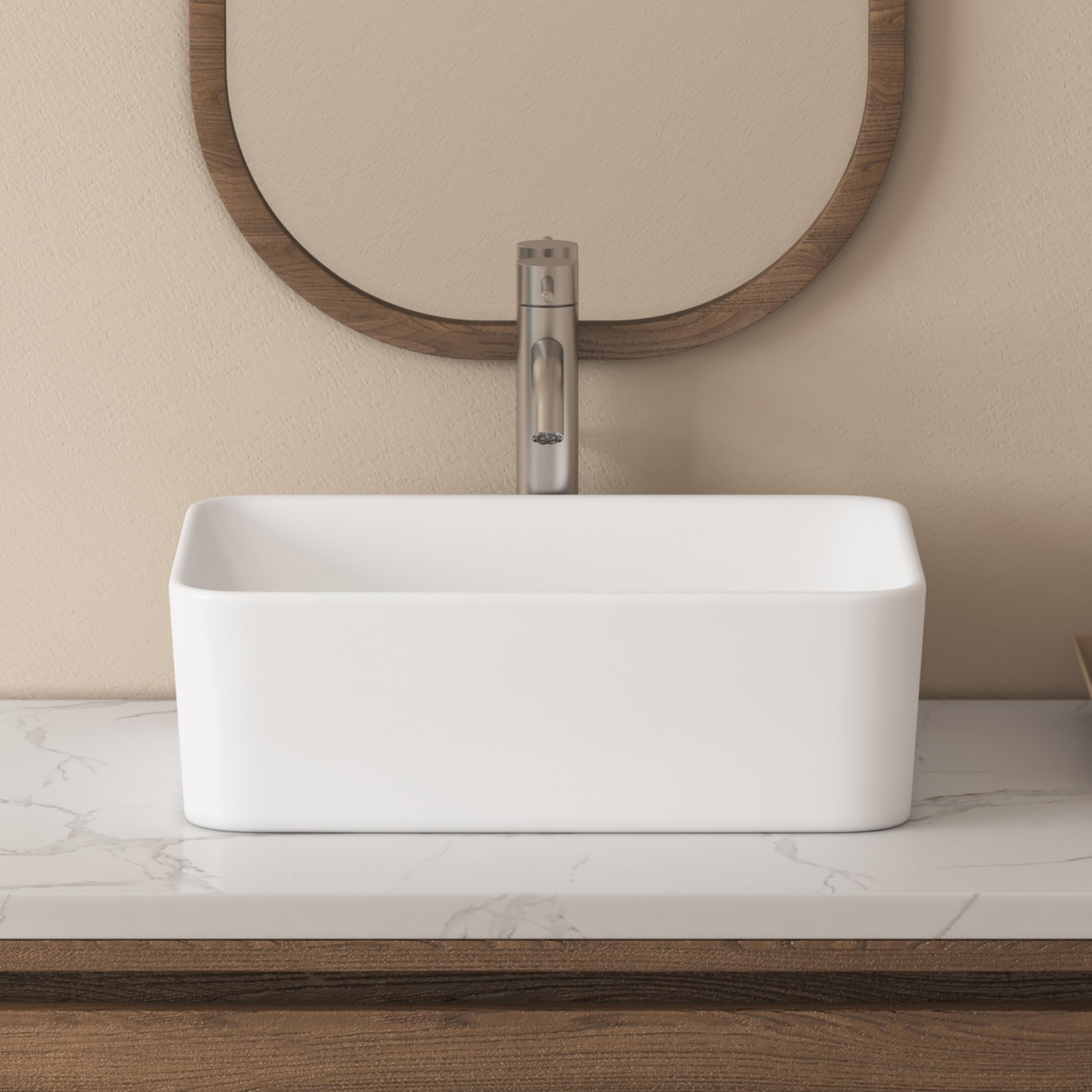 Eridanus Lavabo rectangular de cerámica para encimera de baño, moderno lavabo cuadrado de porcelana vítrea para tocador, color blanco brillante, 400 x 300 x 130 mm