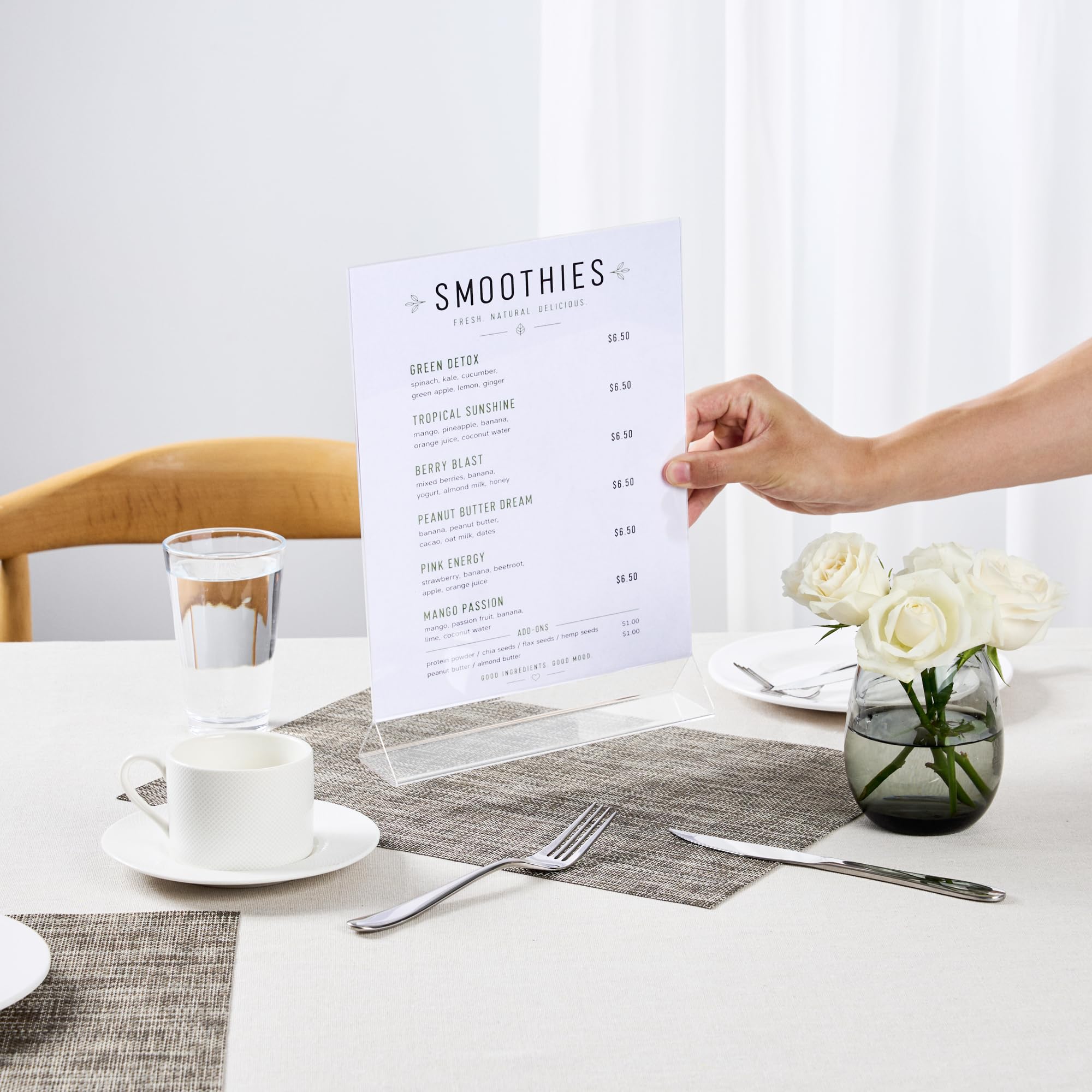 Restaurantware 21,6 x 31,6 cm Acryl-Menühalter, 2 Stück, vertikaler Schilderhalter, für 21,6 x 27,9 cm Papier, doppelseitiges Karten-Display, transparenter Kunststoff, Tischplatte, Menüständer für