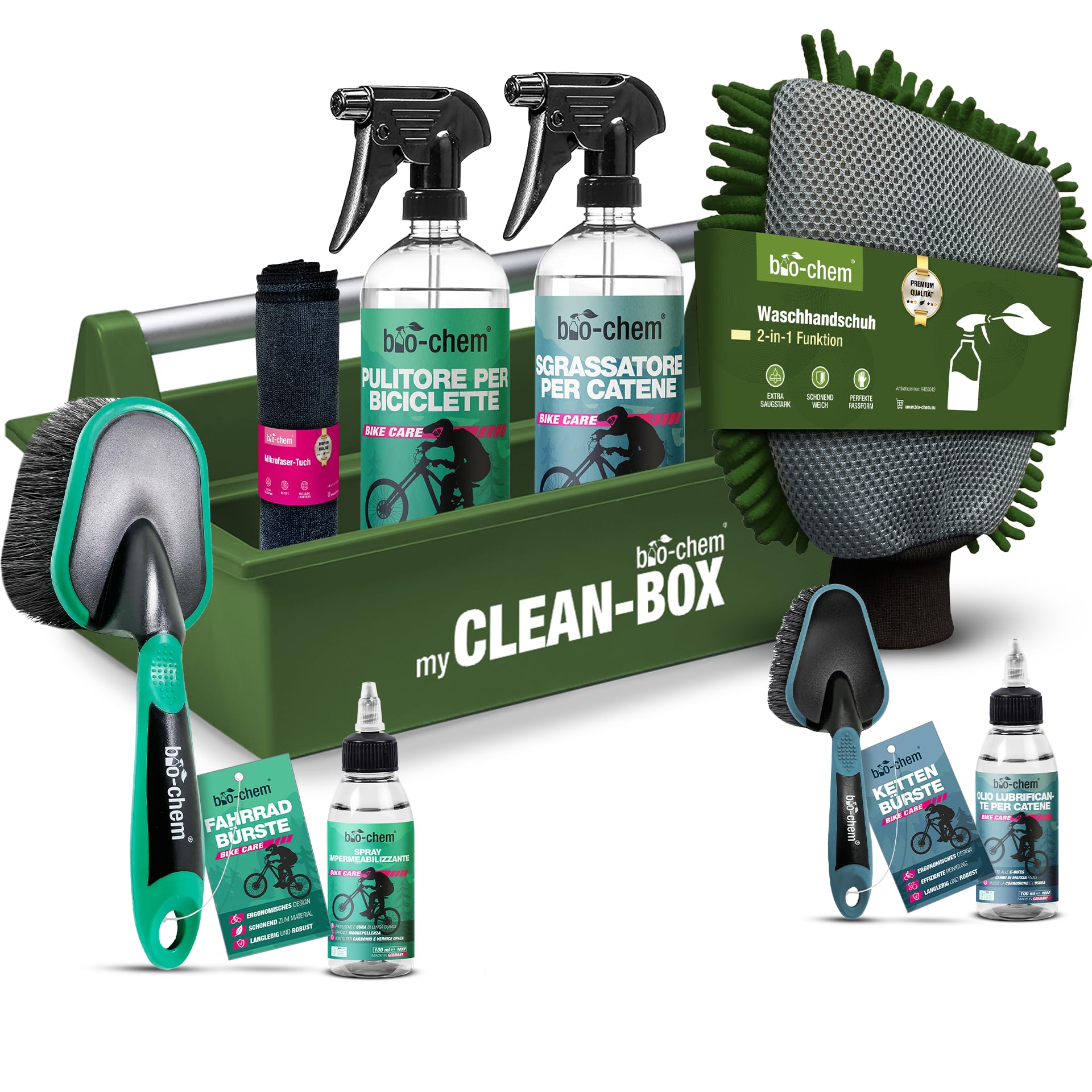 bio-chem Kit 9 prodotti per la cura e la pulizia di biciclette + accessori | Prodotti per la pulizia dei telai delle bici da corsa e delle catene - Accessori per bici inclusi - Scatola inclusa