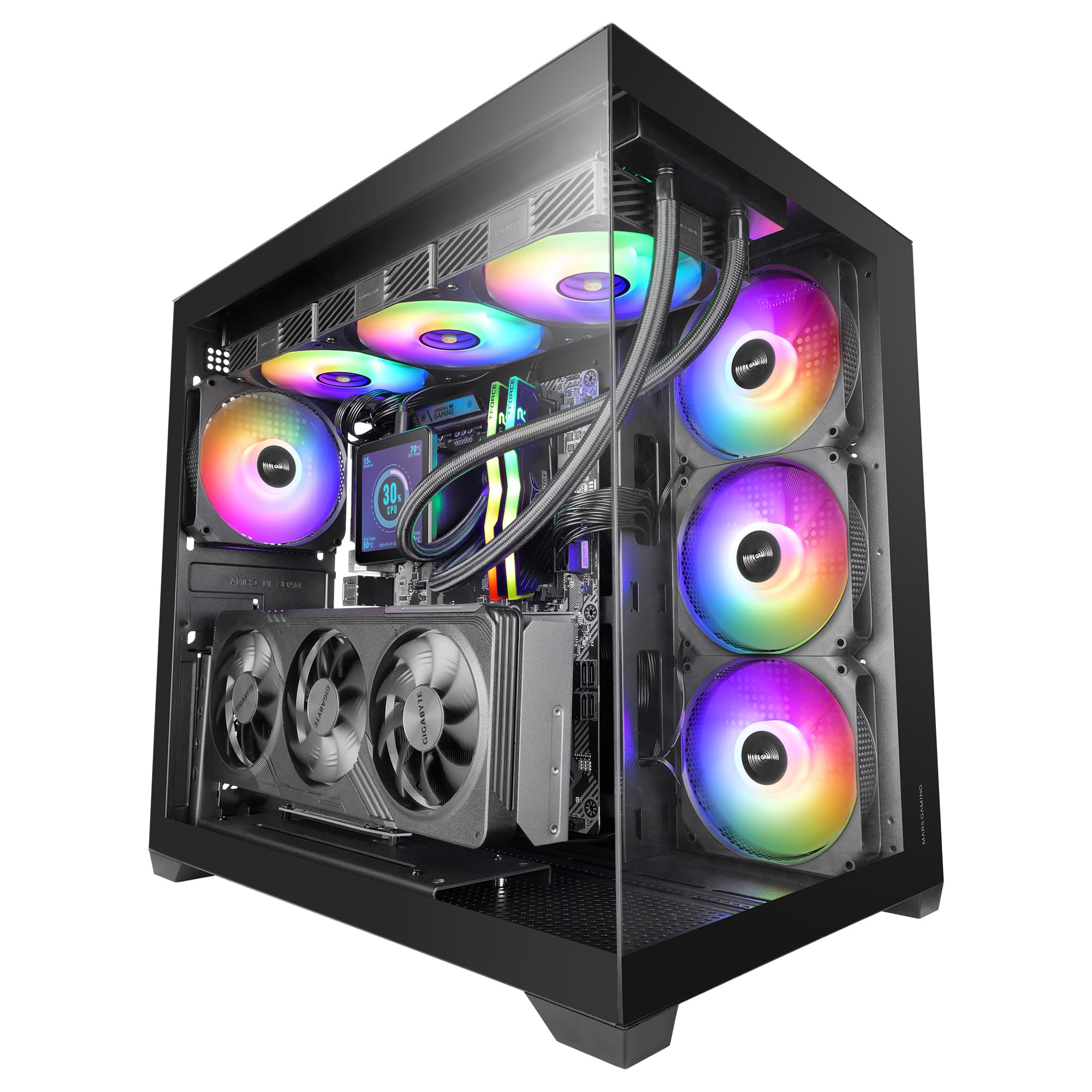 Mars Gaming MCV5, Obudowa PC ATX, panoramiczne szkło hartowane, 4x wentylatory ARGB 120mm, 7 poziomych slotów PCI + 2 pionowe sloty PCI, kompatybilna płytami głównymi odwróconym złączem, USB-C, Czarny