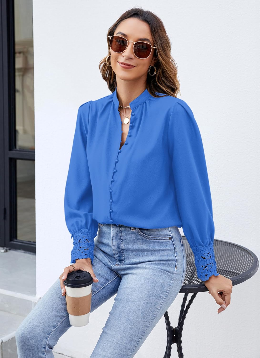 Neweek Womens Button Down Shirts Lace Cuff Long Sleeve Chiffon Dressy Tops Band Collar Fall Business Casual Blouses 2025