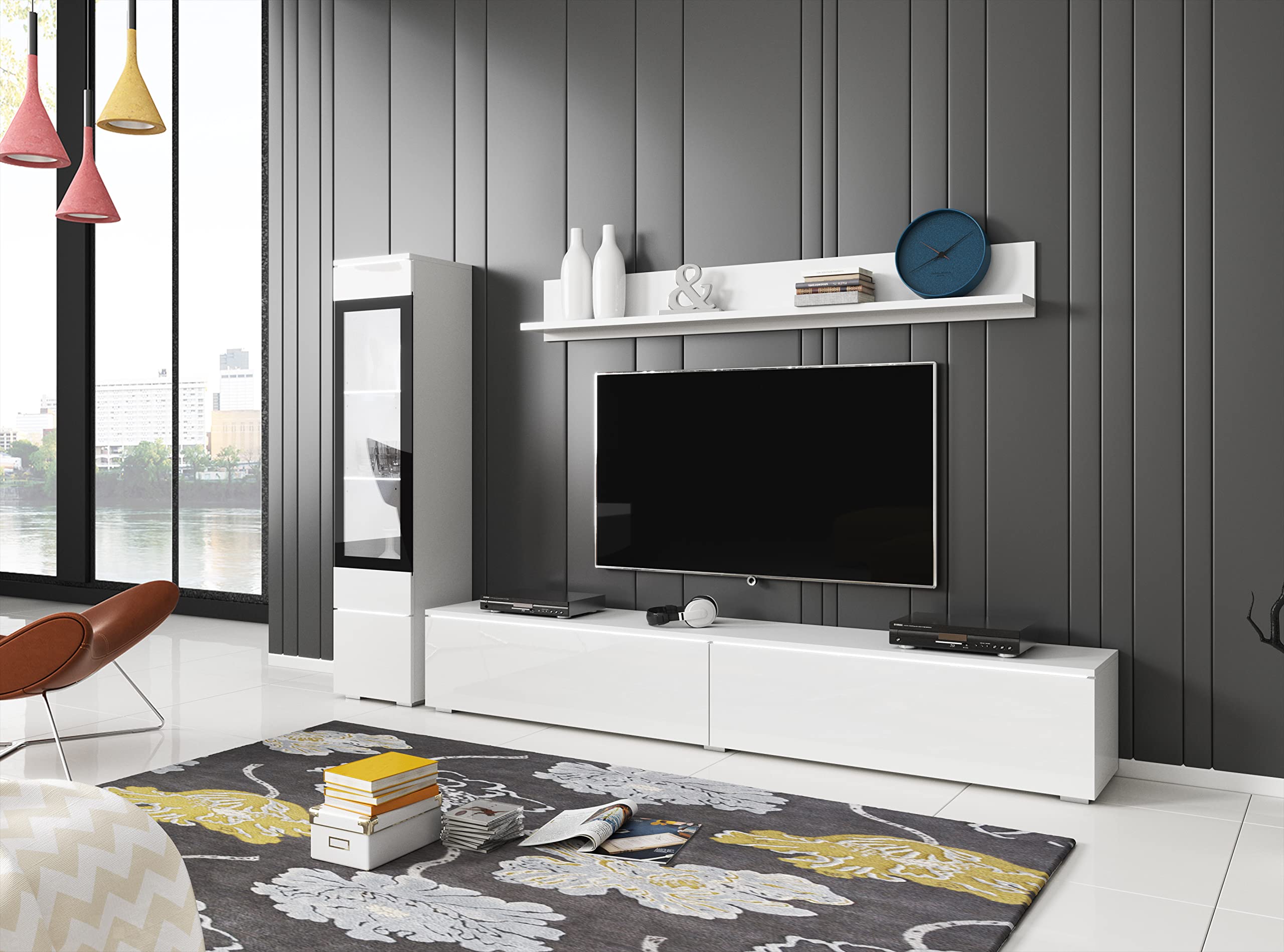 Set di mobili da soggiorno Vera I, illuminazione a LED opzionale, vari colori disponibili (bianco lucido, con illuminazione a LED)