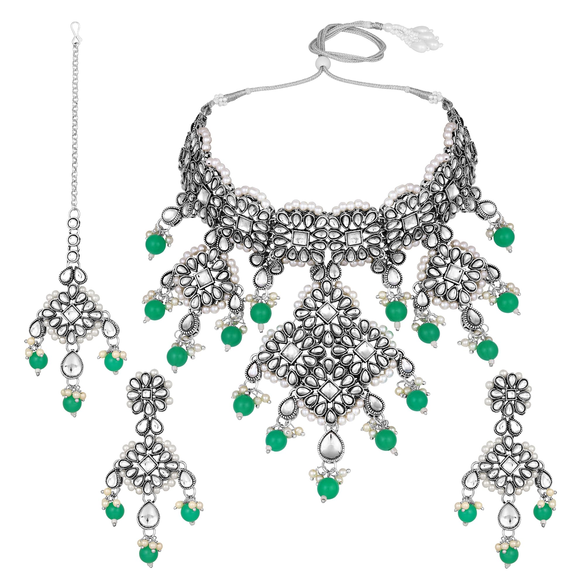 ACCESSHER Gold Plated Traditional Handcrafted Faux Kundan & Pearl Studded Bridal Choker Necklace Set with Earrings & Maang Tikka for women and girls (Silver) (B0CQJKY913) Amazon Price History, Amazon Price Tracker