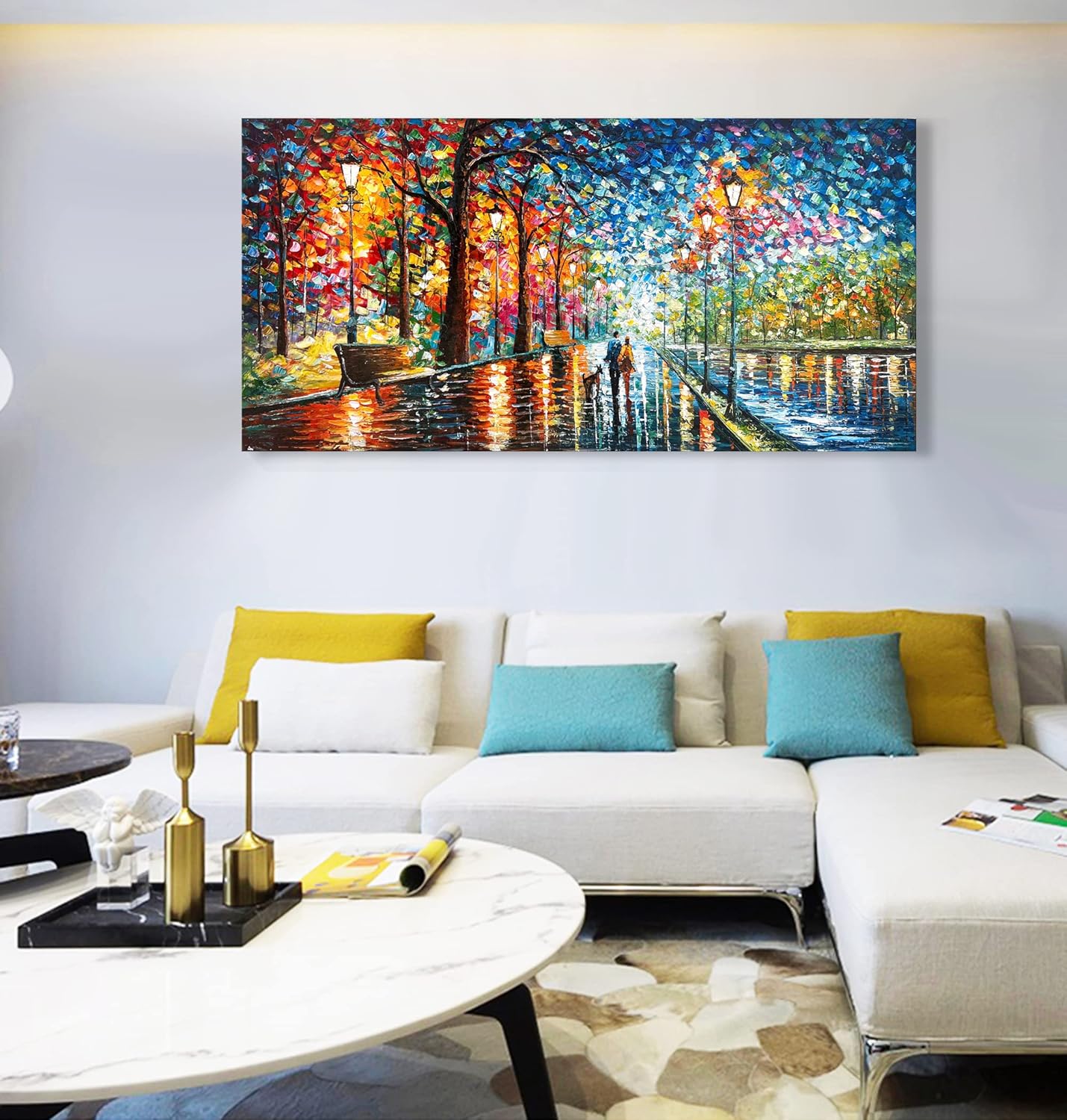 Hand Painted Oil on Canvas Romantic Night Scene Modern Landscape Art Oil Painting, 24x48 Inch Iiving Room Canvas Wall Art Painting Ready to Hang