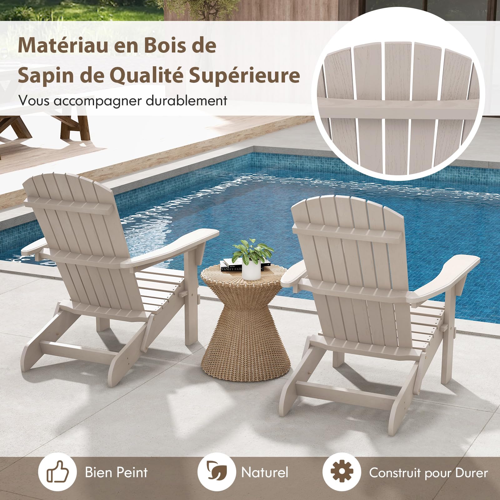 GOPLUS Chaises Adirondack, Chaise d'Extérieur Pliable avec Cadre Bois Massif, Dossier Incurvé et Accoudoirs Larges, Max.180 Kg, pour Terrasse, Jardin, Piscine (89 x 71 x 94 cm, Gris,1)