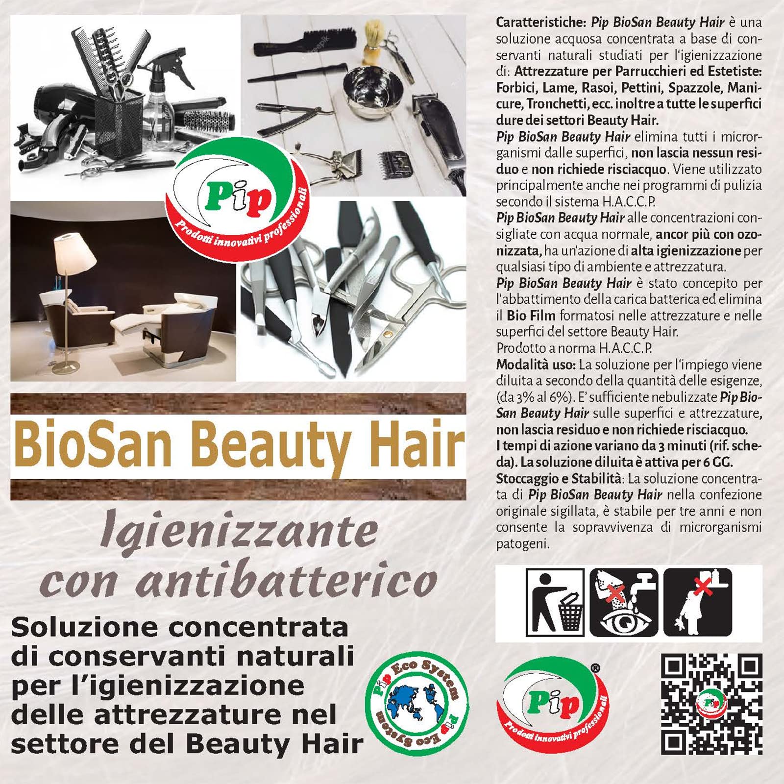 PIP BioSan Beauty Hair Igienizzante Antibatterico per Strumenti, No Risciacquo, Concentrato 2 FL.LT.1 pari a 60 LT