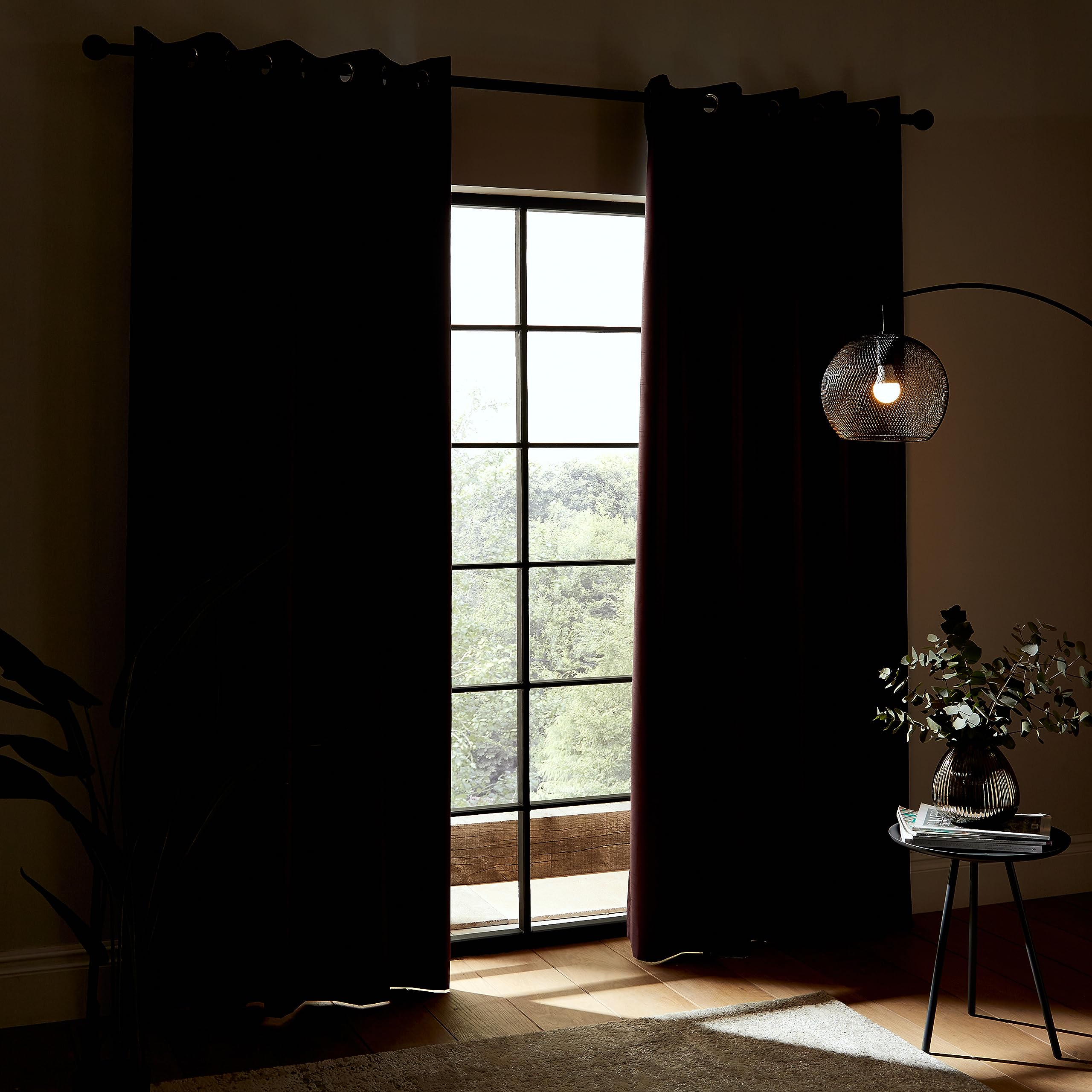 Catherine Lansfield Downstairs Faux Silk 66x90 Inch Blackout Thermal Insulating Eyelet Curtains Two Panels Aubergine - Image 2