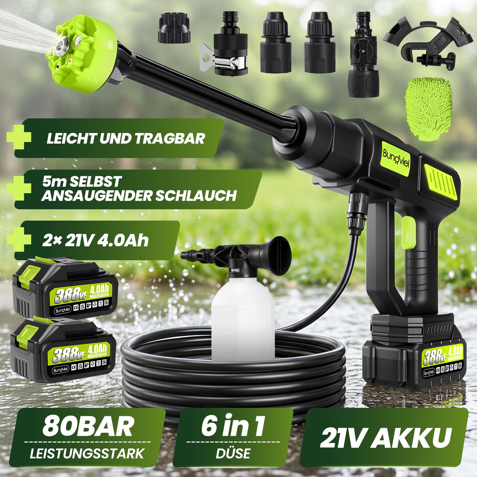 Akku Hochdruckreiniger Kompatibel mit Makita Akku, 270L/H Mobiler Akku Druckreiniger mit 2x4Ah Akku, mit Absperrventil, 6-in-1 und Düse & 5M Schlauch, für Auto Garten Reinigung und Bewässerung