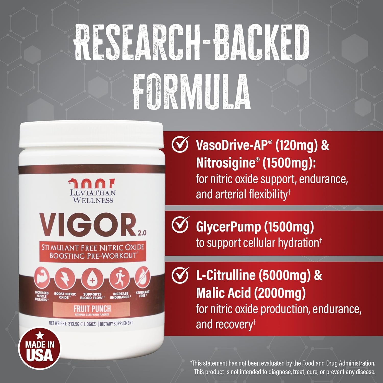 Vigor V2 - Stimulant-Free Nitric Oxide Pre-Workout Powder | 1500mg of Each: L-Citrulline, Nitrosigine and GlycerPump | Fruit Punch | 30 Servings, 10.45g Each | Made in USA