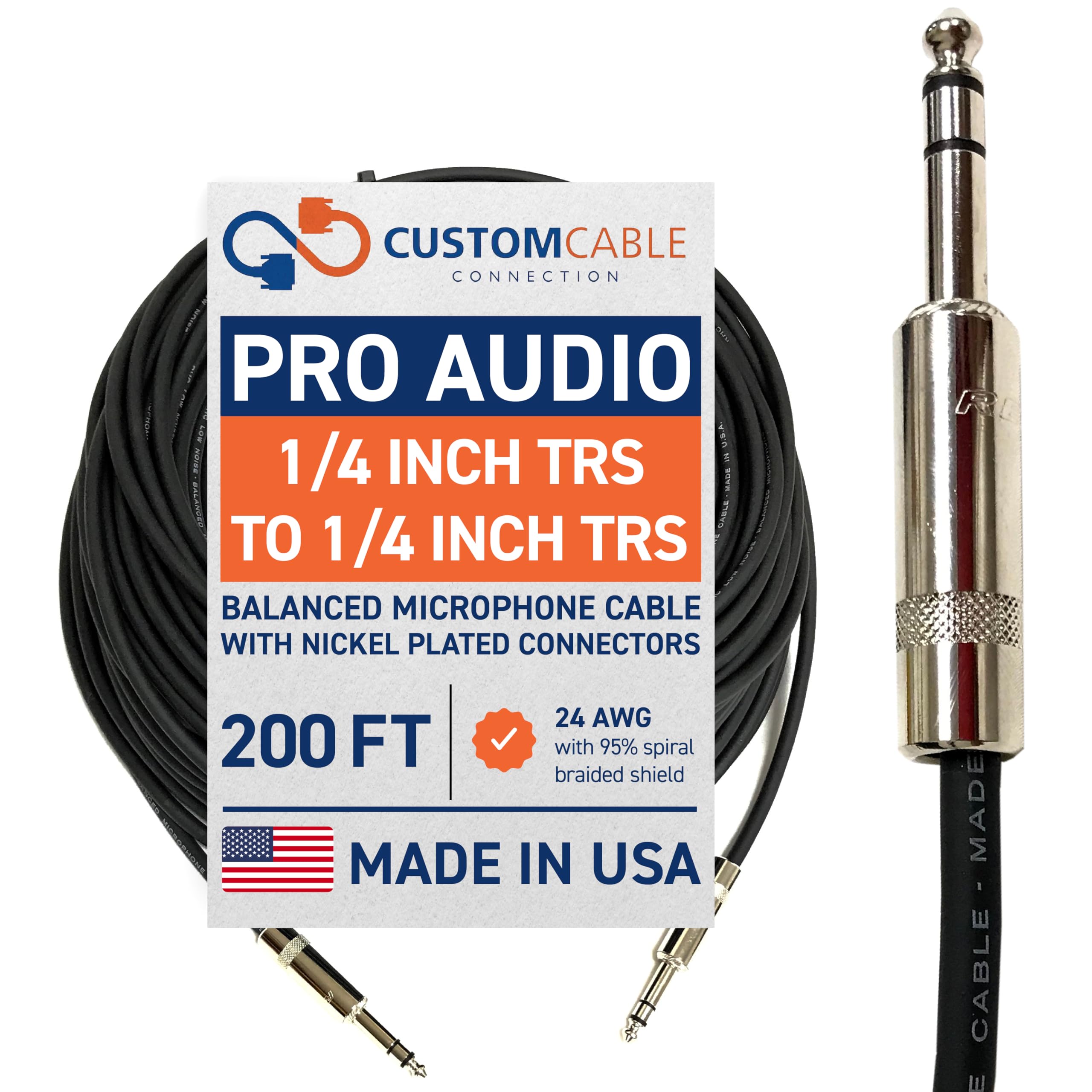 200 Foot Pro Audio REAN 1/4 inch (6.35mm) TRS to REAN 1/4 inch (6.35mm) TRS Balanced Cable with Rean NYS228 Nickel Plated connectors by Custom Cable