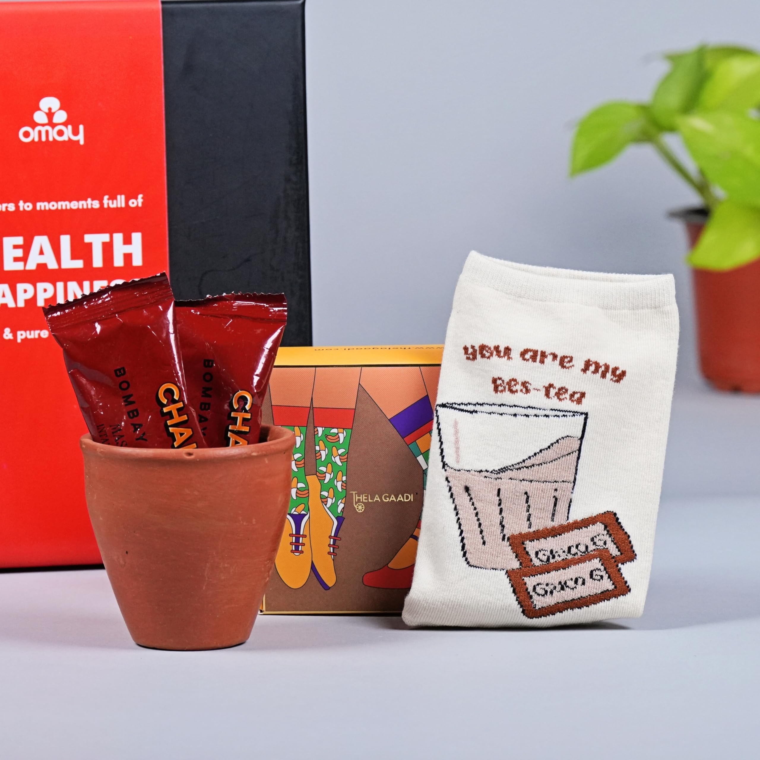 Omay Foods 8_Pcs TEA TIME Treasures Gift Box | Roasted Snacks, Tea Mix, Kulhad, Socks | Birthday Gift Hamper for Mom, Dad, Women, Men | Thank You, Congratulations, Apology Gifts | Healthy Premium Gift Hamper - Image 4 thumbnail
