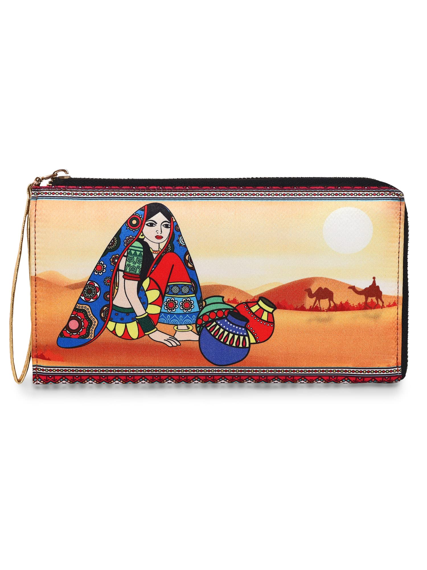 Wallets for Women, Handmade Wallets for Women, Pu Leather, Clutch with Indian Art Print,Multicolour (Pot Lady)-image-1