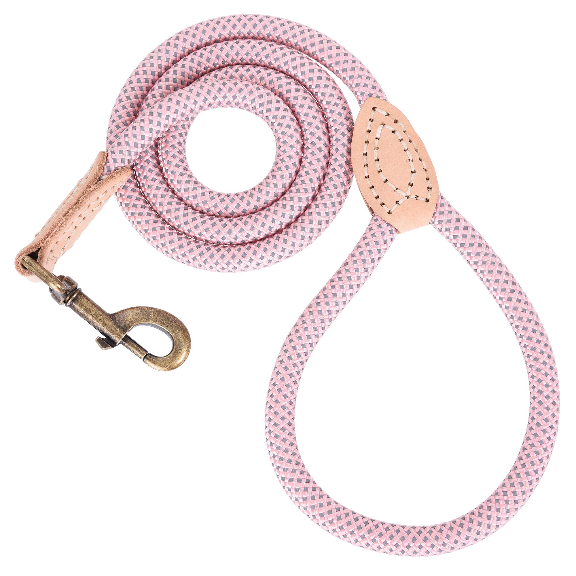 Mile High Life Dog Rope Leash 5 FT with Genuine Leather Tip, Reflective Rope Leash for Medium Large Dogs (Pink, 60 Inch)