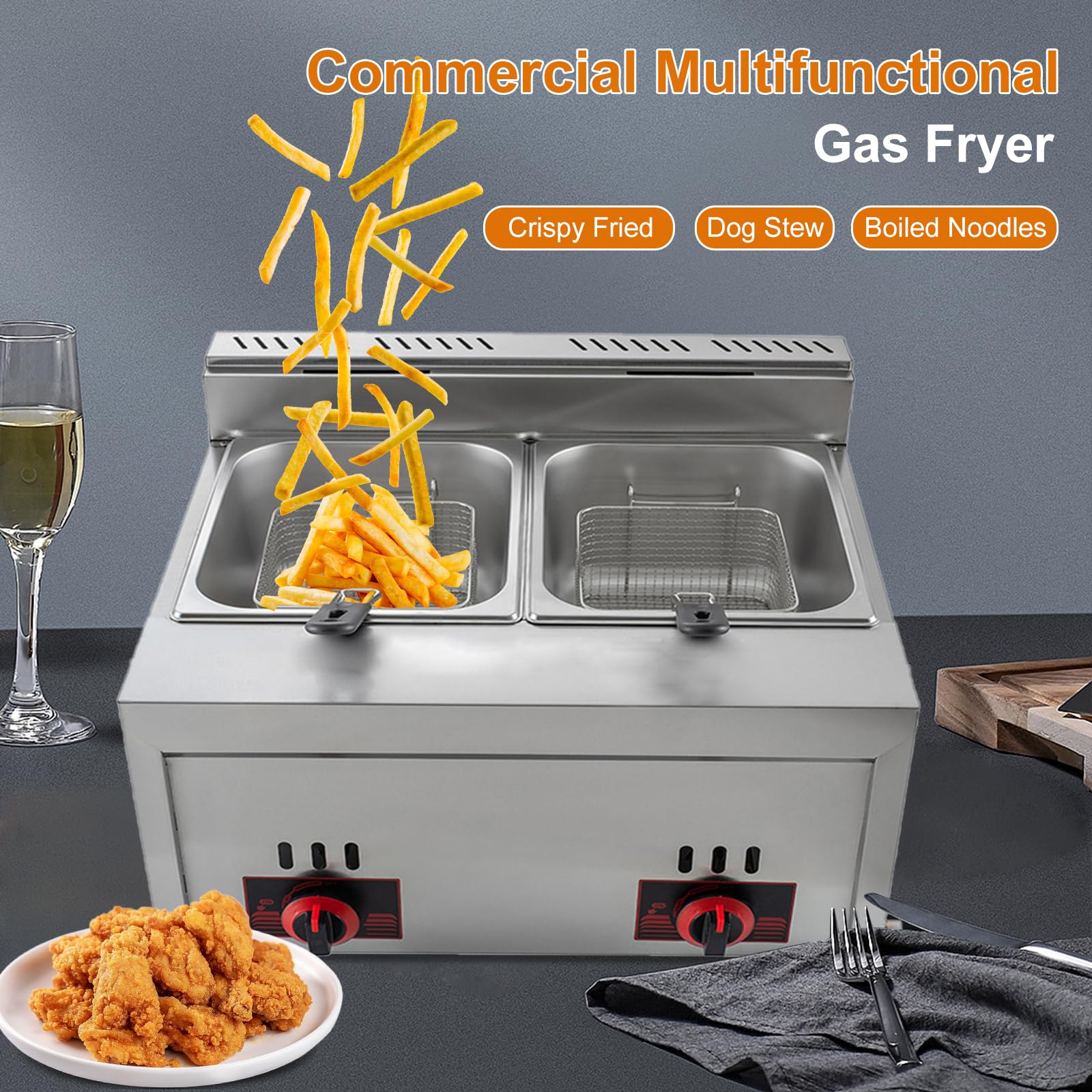 Freidora de Gas de 20 L Freidora Profesional Doble de Gran Capacidad Freidora Multifunción LPG de Aceite Industrial Acero Inoxidable Fácil de Limpiar para Uso Doméstico Y Comercial