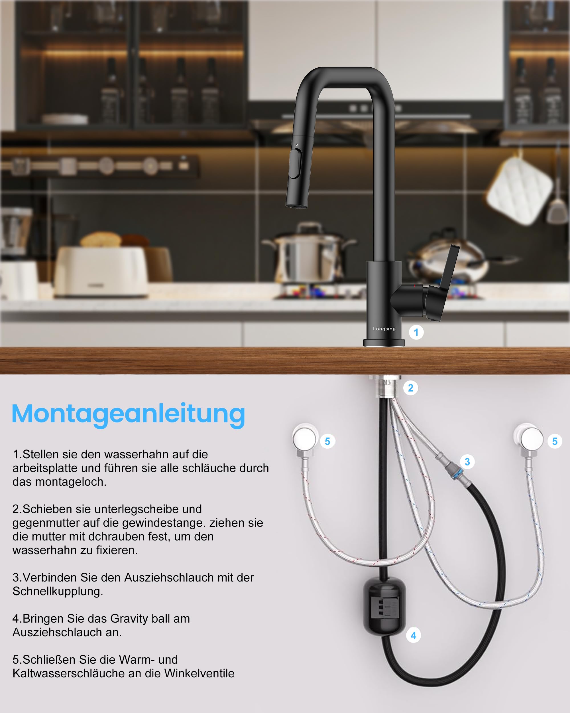 Wasserhahn Küche Schwarz, Hochdruck Küchenarmatur mit Brause | 304 Edelstahl Küchenarmatur Ausziehbar, Armatur 2 Strahlarten, Spültischarmatur Küche, 360° Schwenkbar, DVGW-Zertifiziert