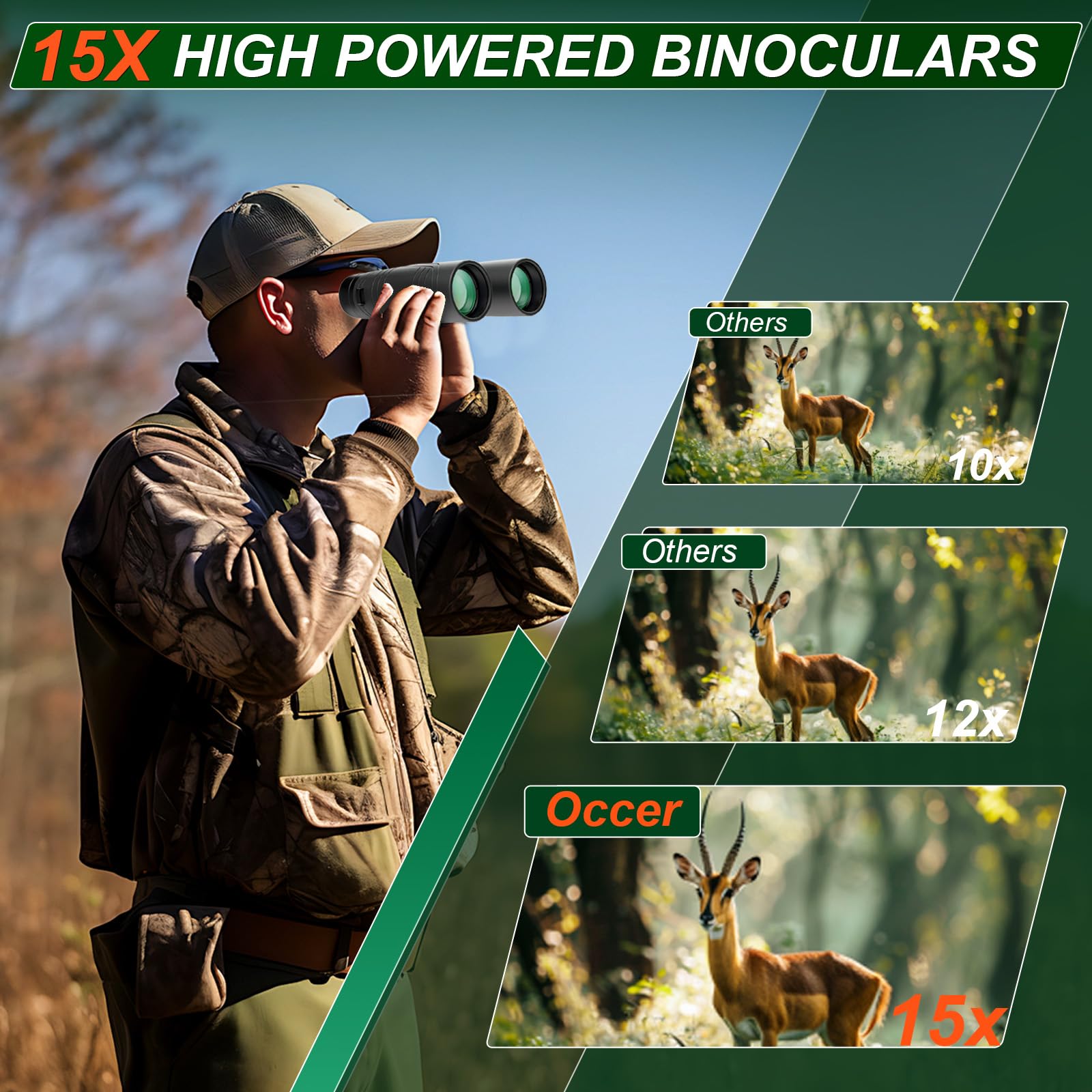 15x42 Fernglas Erwachsene für Safari - Occer Klein Fernglas mit großer Sicht - Großes Okular HD Ferngläser für Jagd Vogelbeobachtung Reisen Wildtiere Wandern