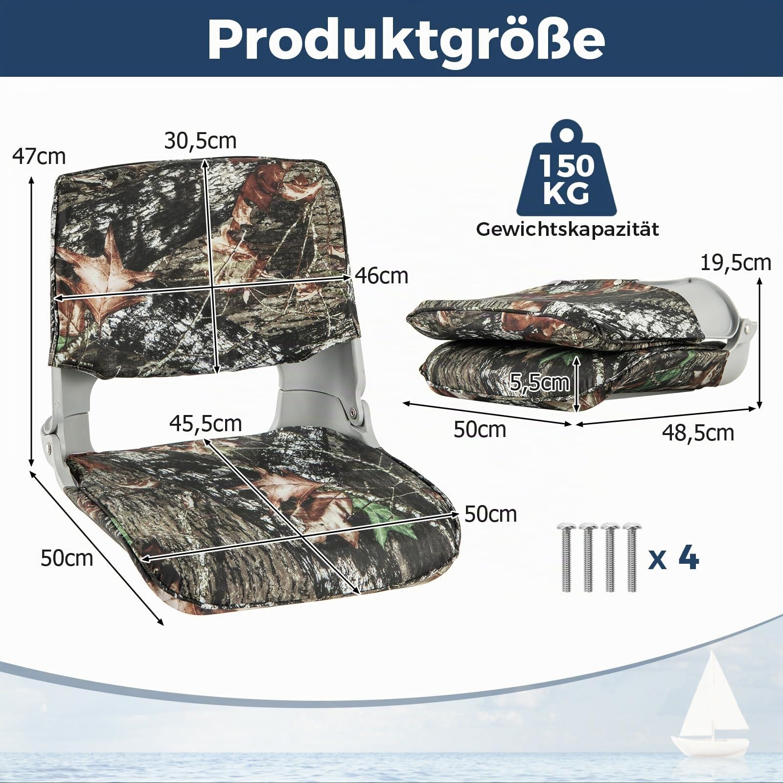 COSTWAY Bootssitz klappbar, Bootsstuhl mit niedriger Rückenlehne, gepolsterter Steuerstuhl für Angelboot, Ausflugsboot, Motorboot, Kanu, 50 x 50 x 47 cm