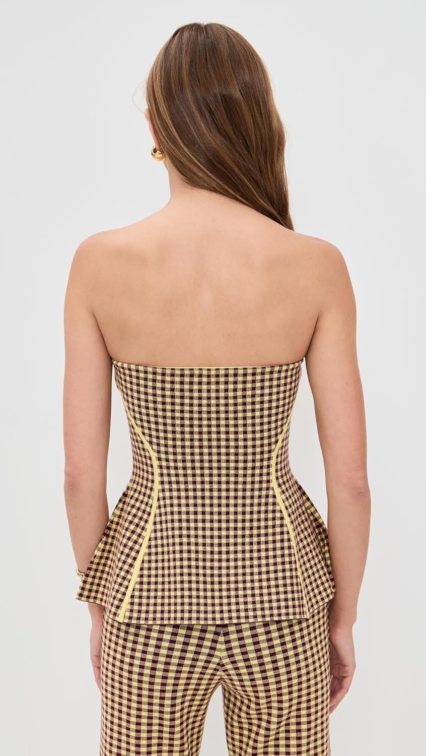 LE BOP Women's Gingham Strapless Peplum Top