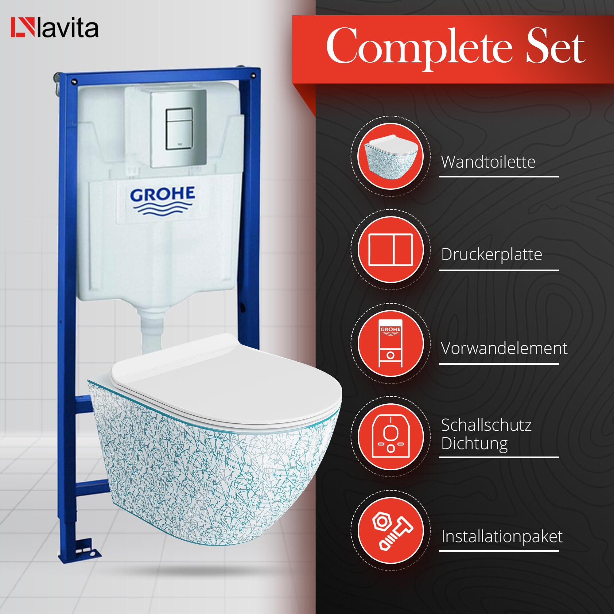 LAVITA Elemento de pared Solido + pared colgante WC Sofi Slim Kresz blanco/azul sin borde + asiento de inodoro SoftClose | Botón cromado | Juego completo | cisterna empotrada | inodoro completo