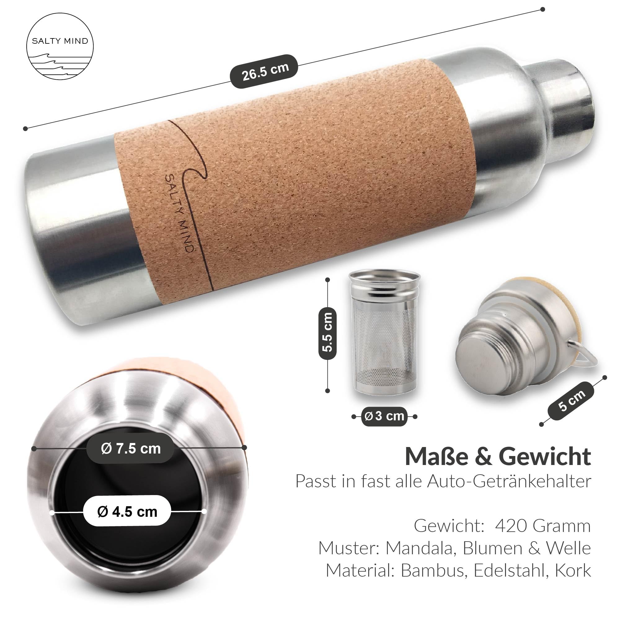 Borraccia termica in acciaio inox, 750 ml, a prova di perdite, senza sostanze nocive, insapore, senza BPA, sughero, yoga, ufficio, all'aperto (mandala + colino da tè)