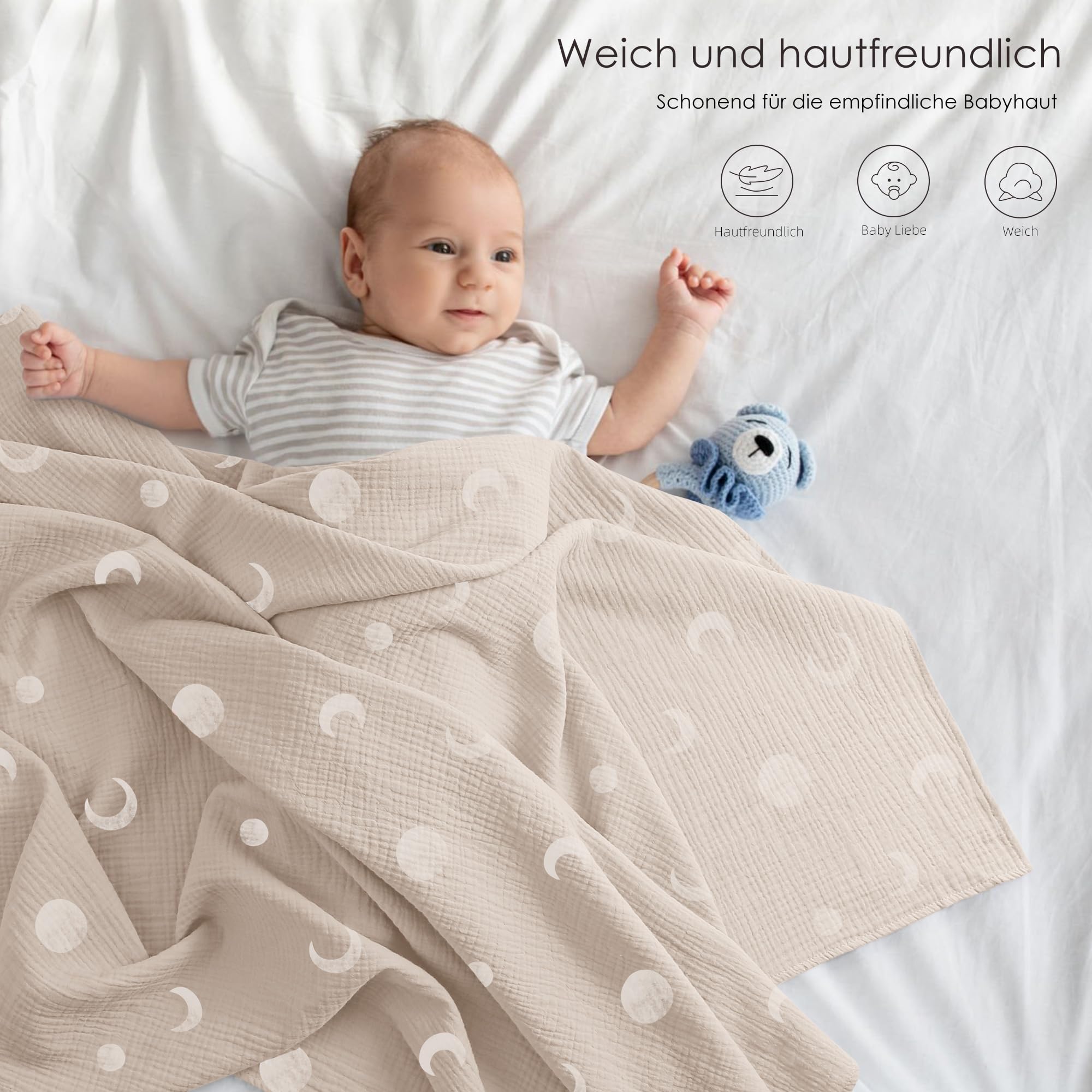 bearmoss Bébé Couverture d'Emmaillotage,Langes Coton Bébé 96x106cm Musseline Couverture de Unisexe pour Fille et Garçon 3pack (Lune Blanche)