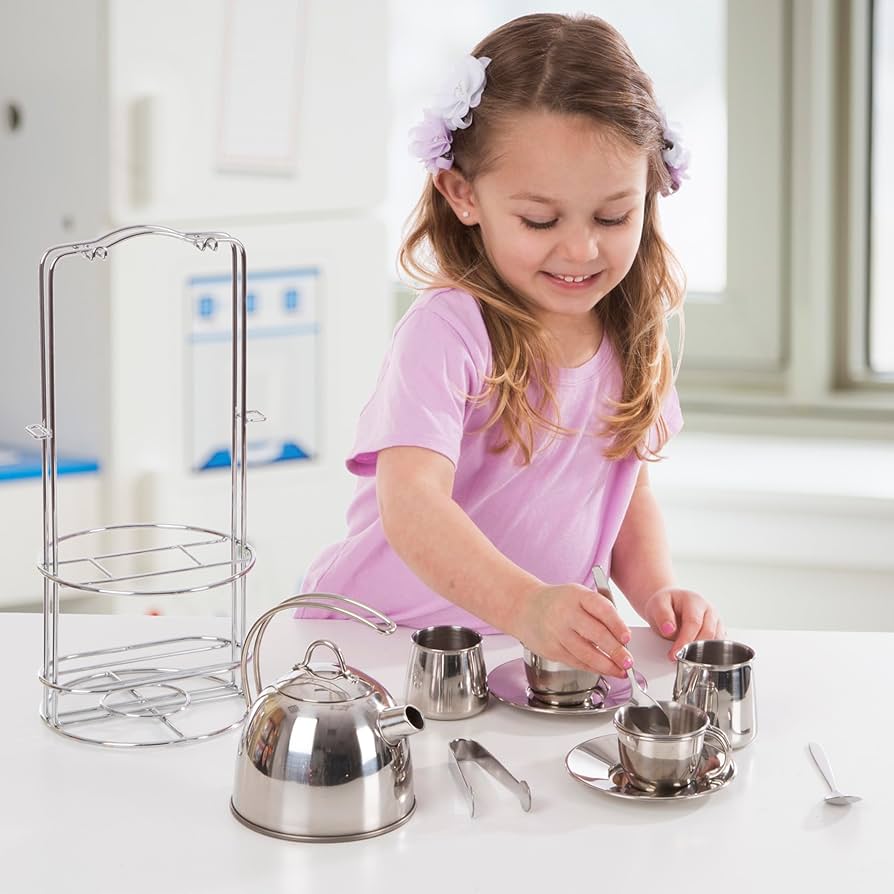その他 Melissa &amp; Doug Stainless Steel Tea Set &amp; Storage Stand Toy Melissa & Doug Stainless Steel Tea Set and Storage Stand