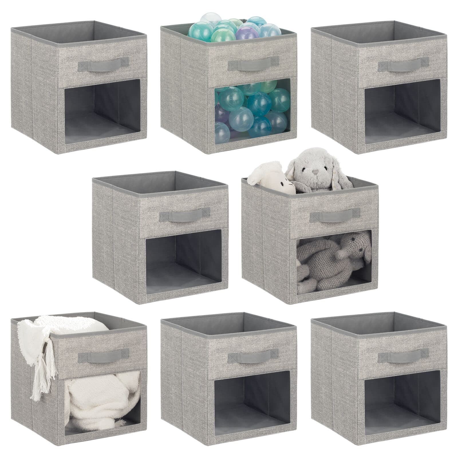 mDesign Fabric Nursery/Playroom Closet Storage Organizer Bin Box with Front Handle/Window for Cube Furniture Shelving Units, Hold Toys, Clothes, Diapers, Bibs, Lido Collection, 8 Pack, Gray