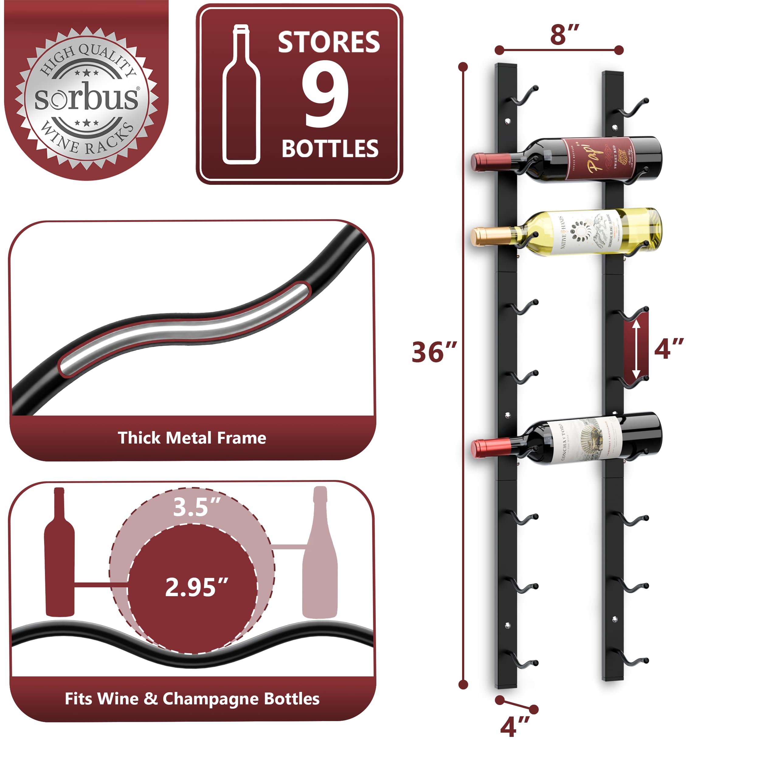 Sorbus 9-Bottle Wall Mounted Wine Rack - Black -3