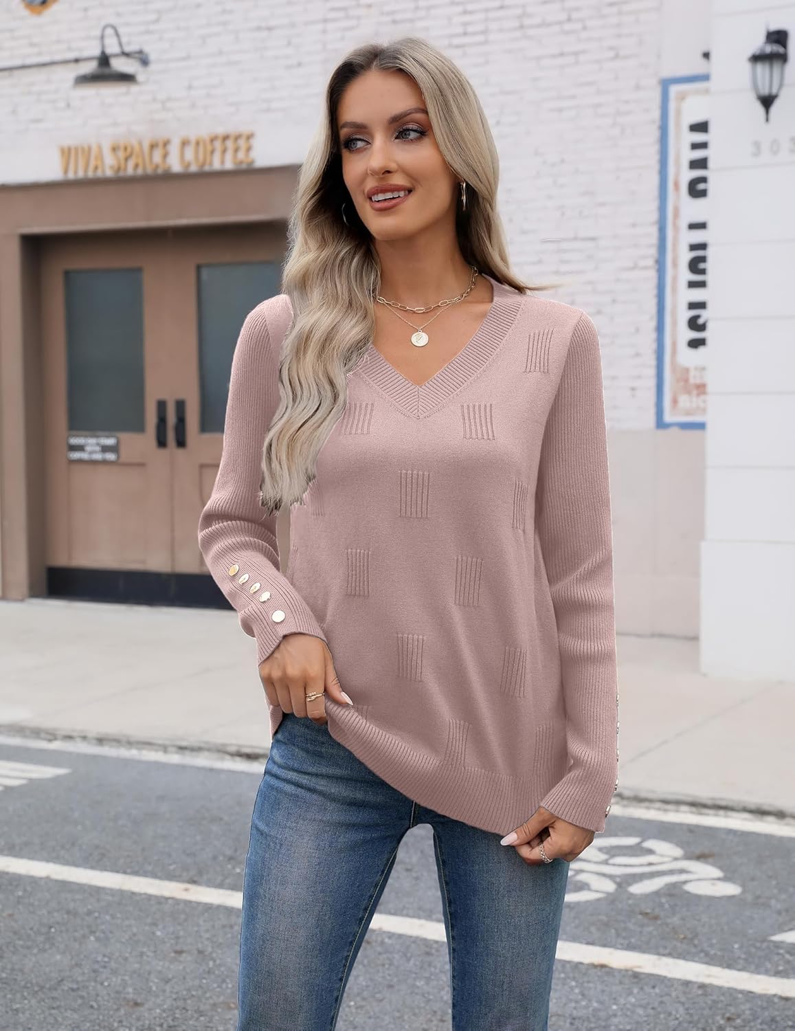 Zeagoo Womens V Neck Sweaters Shirts Long Sleeve Lightweight Ribbed Knit Pullover Sweater Blouse Tops with Buttons Oufits - Image 2