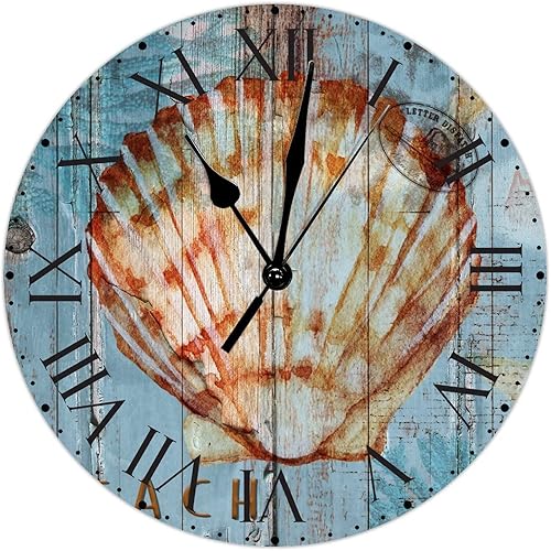 ArogGeld Reloj de pared de PVC de mediados de siglo concha números de playa estilo océano con números romanos de 10 pulgadas funciona con pilas