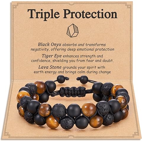 HGDEER Triple Protection Bracelet for Men & Teens - 100% Natural Black Onyx, Tiger Eye & Lava Stone Beads - Adjustable Size with Meaning Card