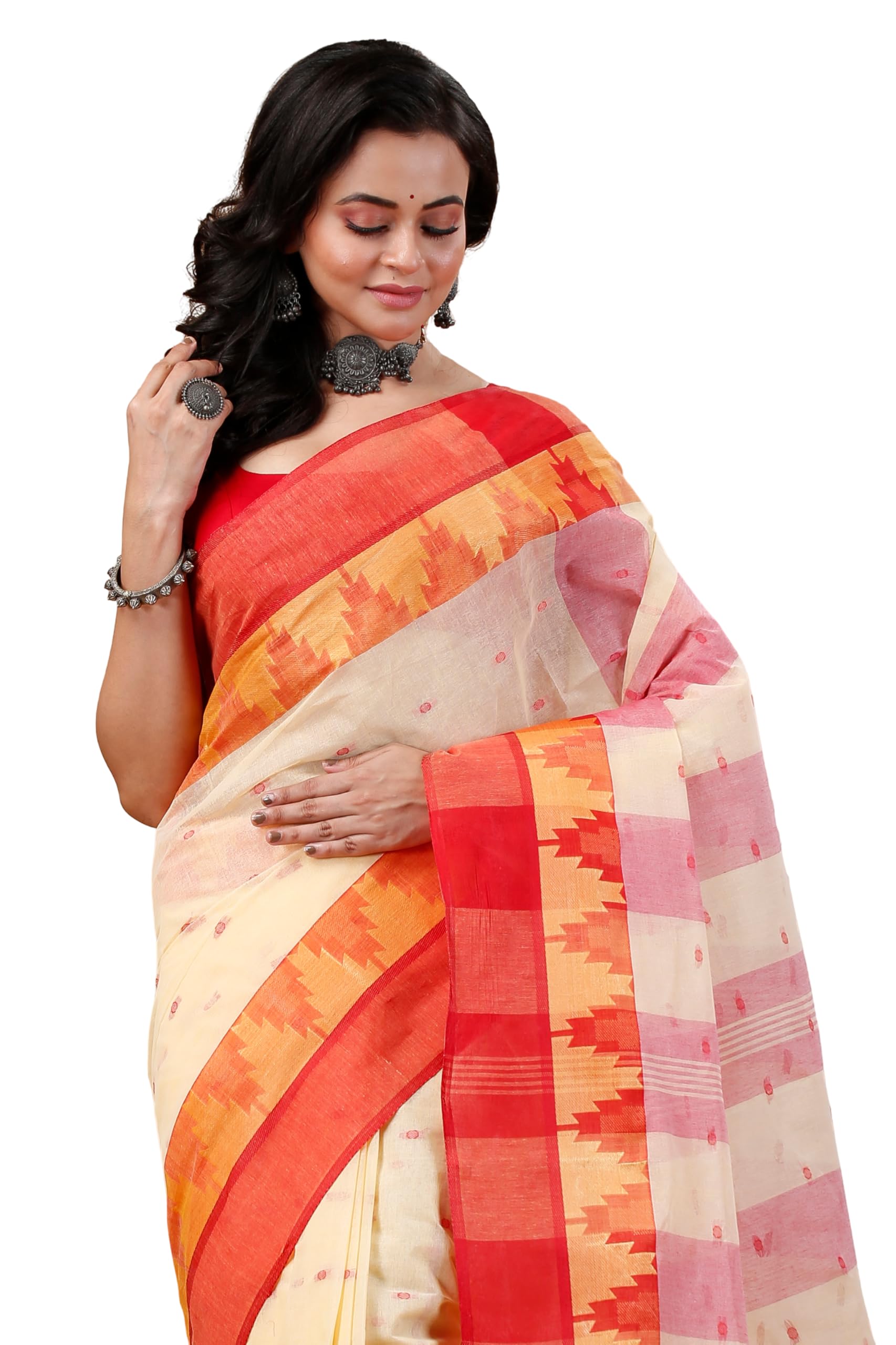 Women's Traditional Pure Cotton Aam Kalka Tant Saree Without Blouse Piece (Biscuit, Red)-image-25