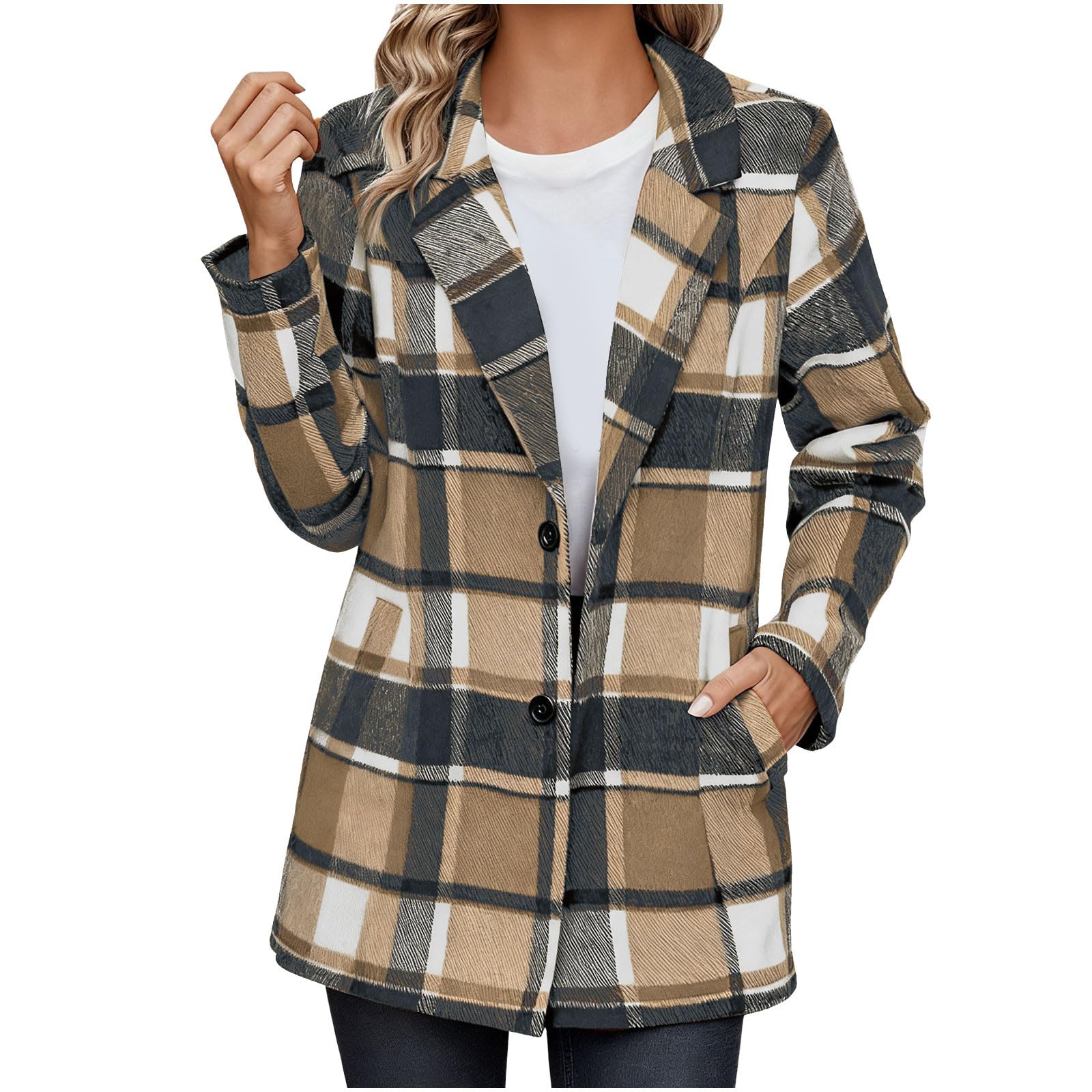 Womens Button Down Plaid Coats Open Front Dressy Checkered Blazer Jacket Business Casual Pea Coat for Office Work
