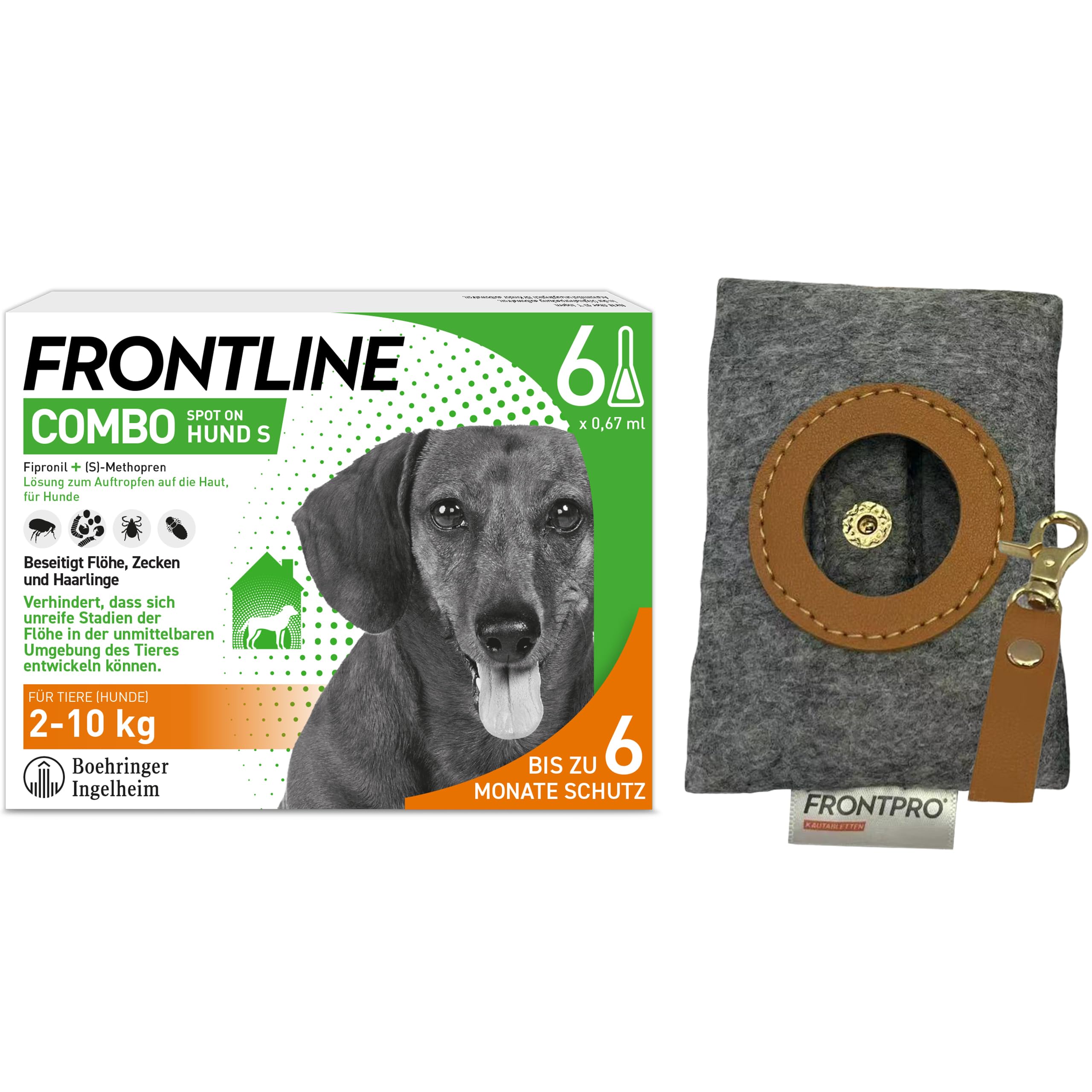 FRONTLINE Combo Hund S gegen Zecken, Flöhe & Haarlinge (2 bis 10 kg) | 6x Pipetten für bis zu 6 Monate Schutz - gegen Floheier, Larven & Puppen im Haushalt - wasserfest + Kotbeutelspender