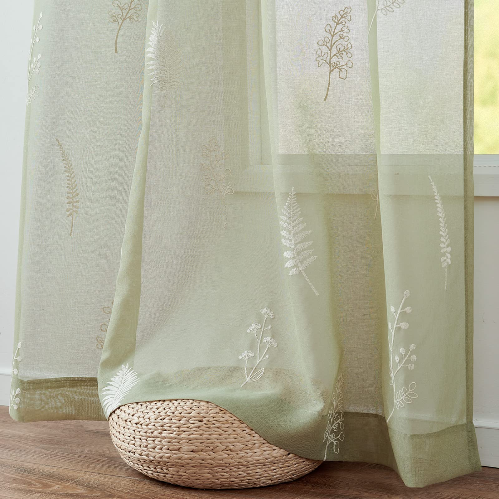 Lazzzy Sage Green Sheer Curtains Leaf Embroidered Pattern Sheer Drapes ...