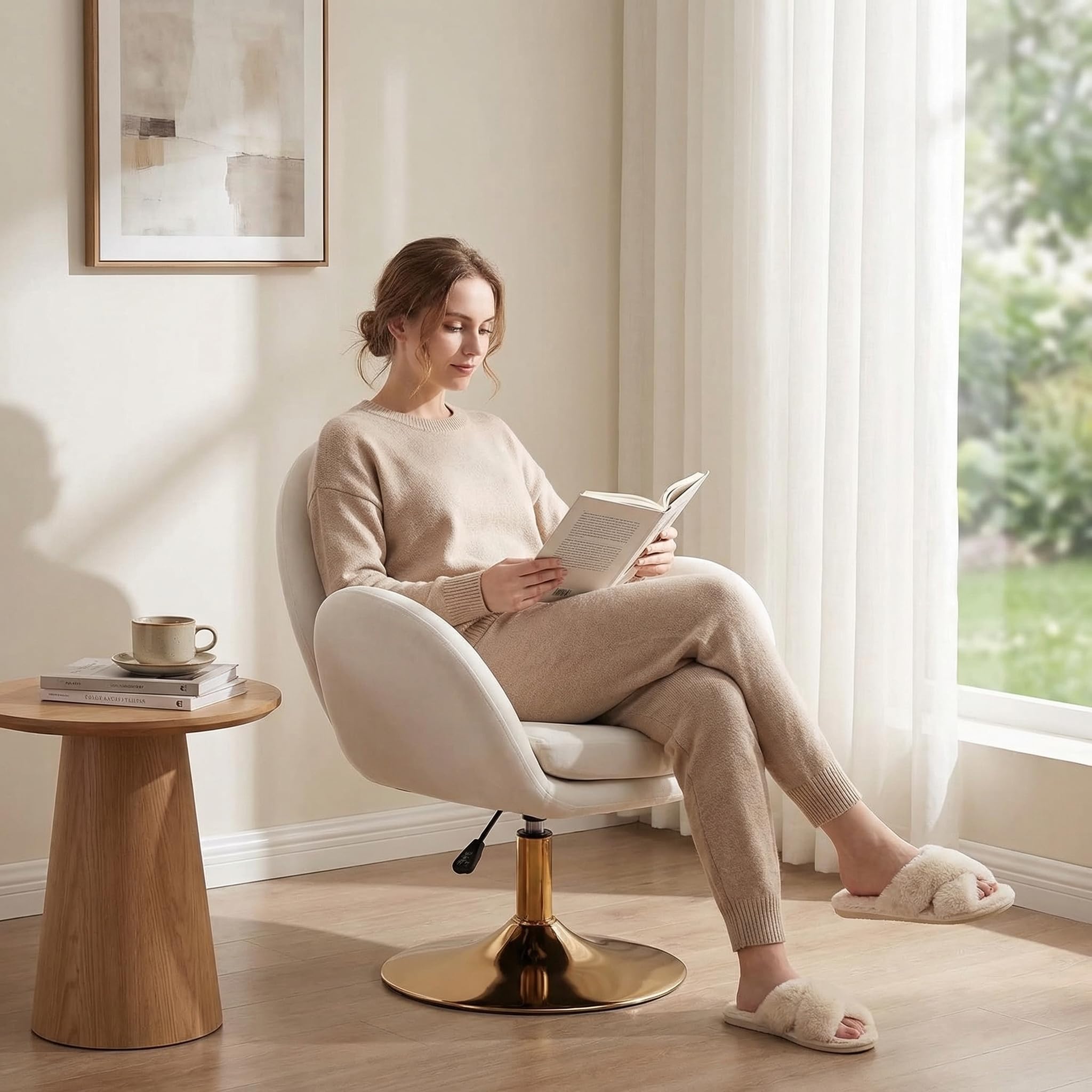 Loungesessel Höhenverstellbar 360°Drehbar Sessel, Schminkstuhl Drehstuhl Polsterstuhl mit goldenem Sockel aus Samt für Schlafzimmer Wohnzimmer Schminktisch, Beige
