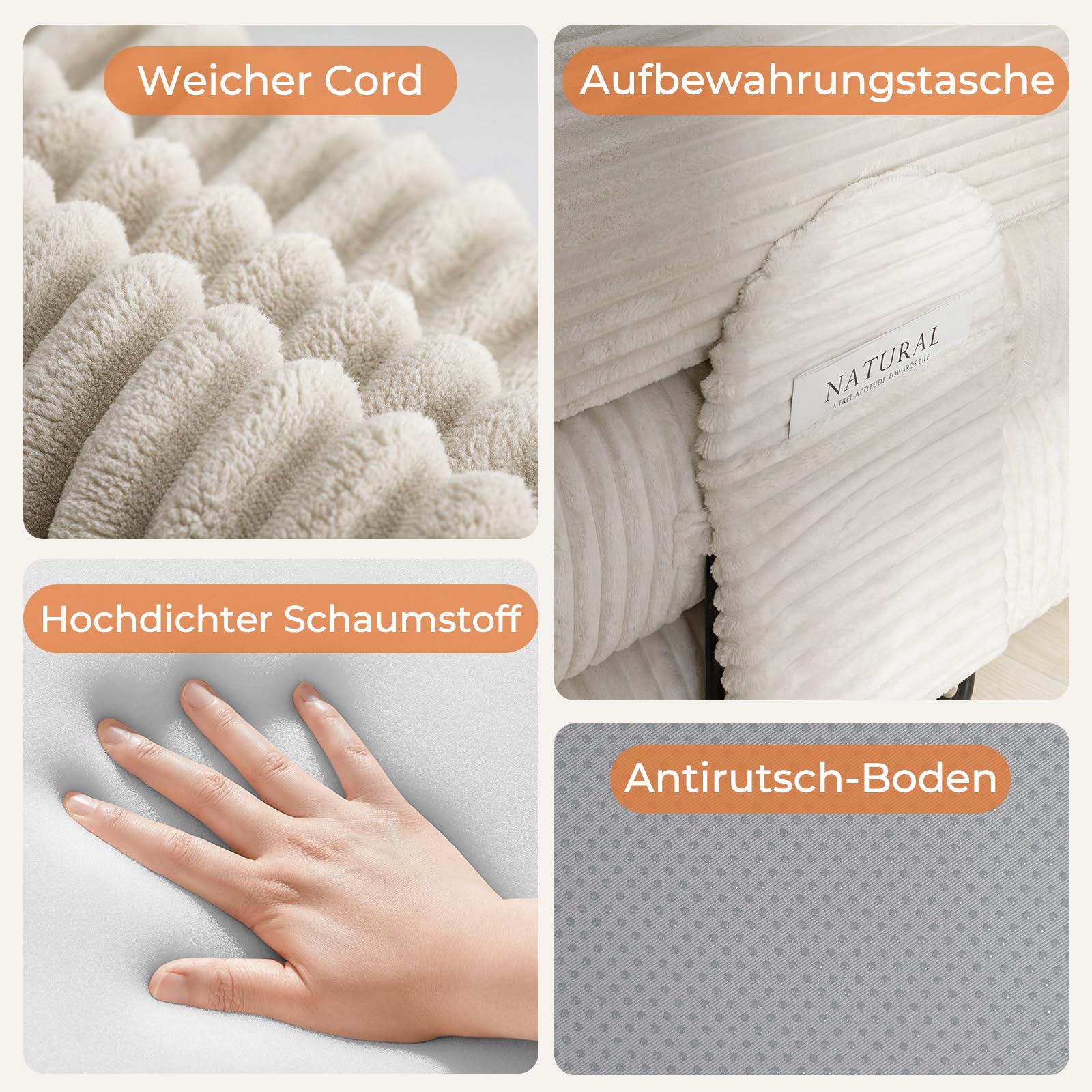 HOMRELEXA Schlafsofa 200cm Breit, Boneless Couch, Bodensofa Bed mit Hohe Rückenlehne, Abnehmbare Integrierte Kopf- und Lendenstütze, 2 Zierkissen, Seitentasche, Cord Sofa mit schlaffunktion, Beige