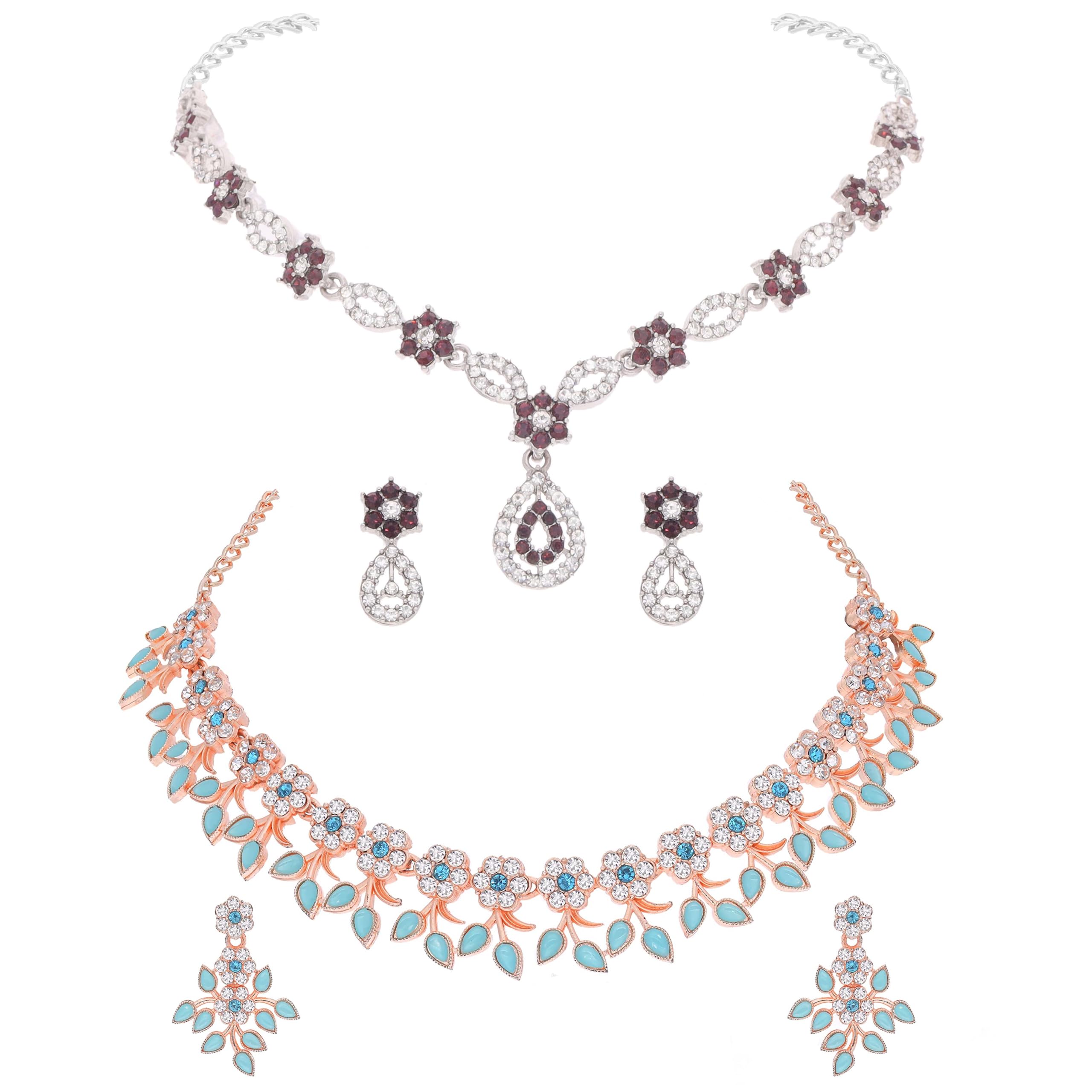 Brado Jewellery Combo of Rose gold and Silver Polish Flower Pattern AD stone Choker Necklace Jewellery set with Matching pair of earrings for women and girls (B0D8468HNL) Amazon Price History, Amazon Price Tracker