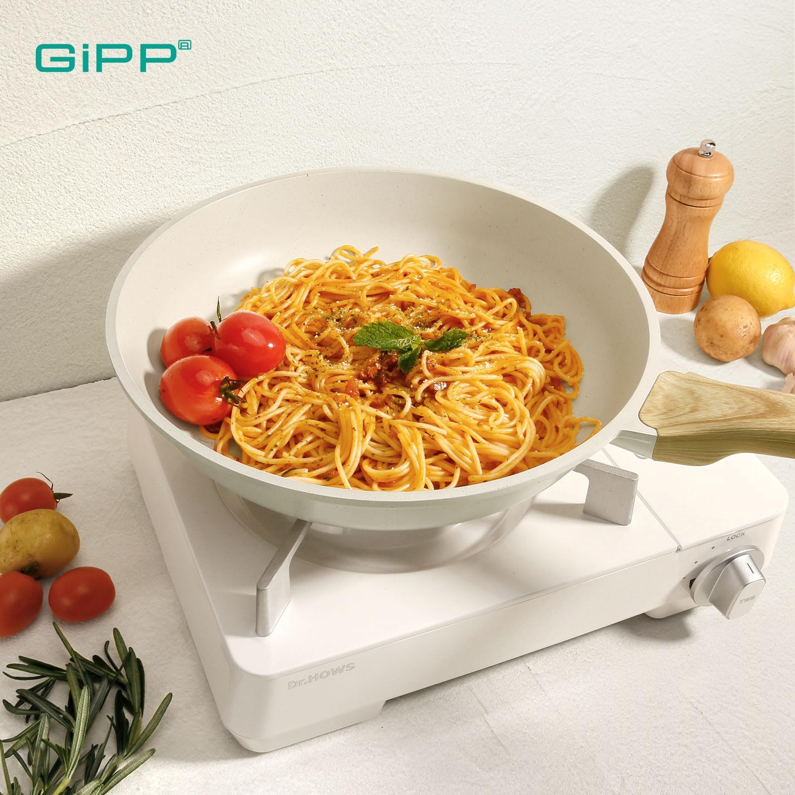 GiPP Traje de Olla Antiadherente de Granito - Cocina No Tóxica, Bandeja de Huevo Frito Con Mango Refrigerado, Fácil de Limpiar, Compatible Con Inducción (Blanco, 3 Piezas)