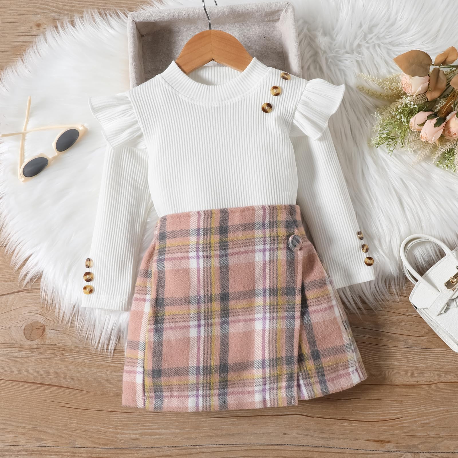 Fernvia Toddler Girl Fall Winter Clothes Ruffles Long Sleeve Shirt and Plaid Shorts Skirt Kids Little Girl 2Pcs Outfits Set (A white, 18-24 Months)