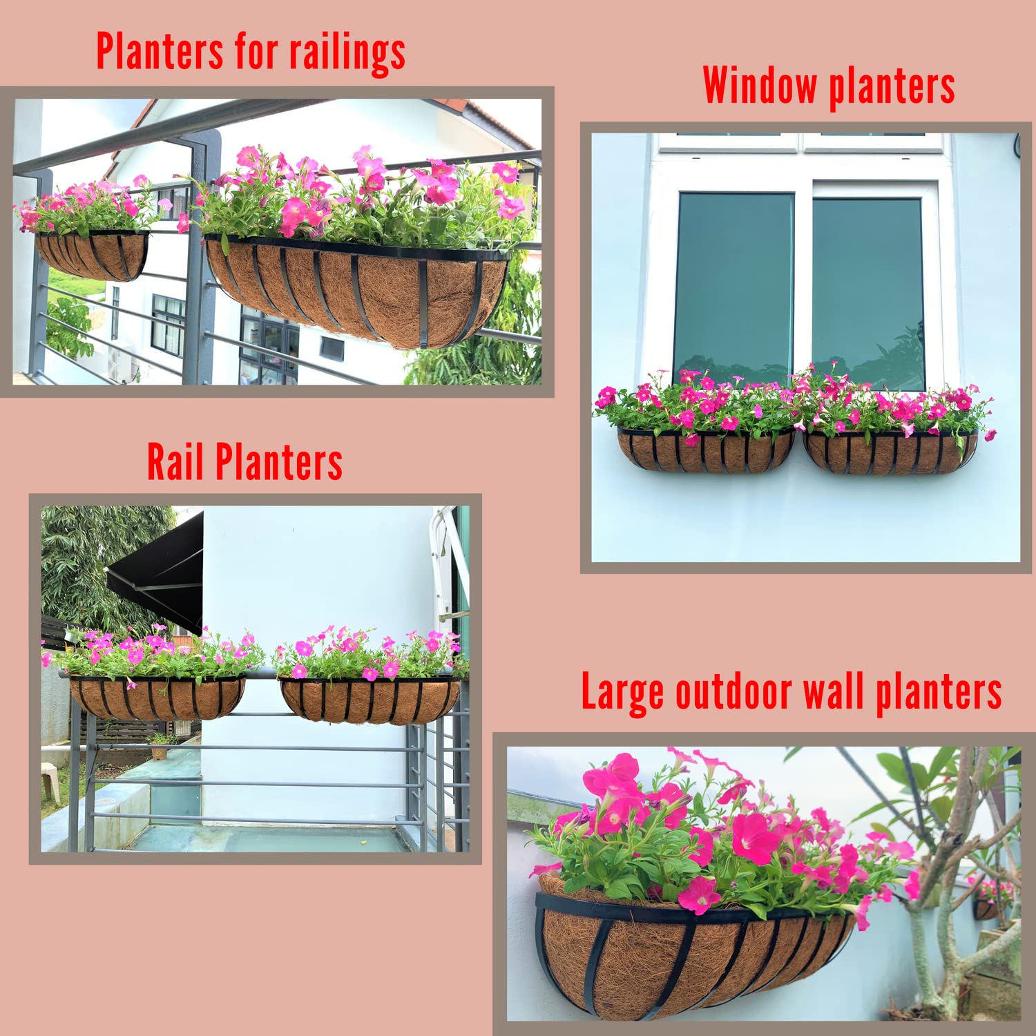Fence Planters for Outdoor Plants - 24 inch, 4 Pack Window Boxes ...