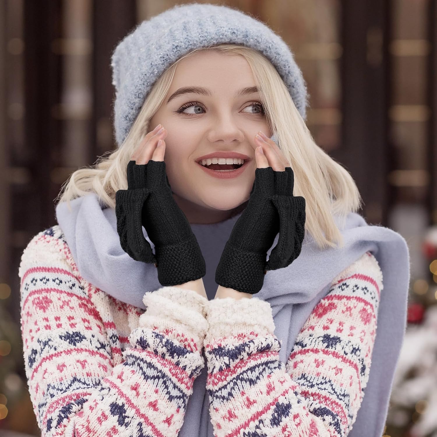 YSense Womens Winter Gloves, 2 Pack Warm Knitted Convertible Fingerless Gloves for Women Gifts with Mittens Cover Cap - Image 5