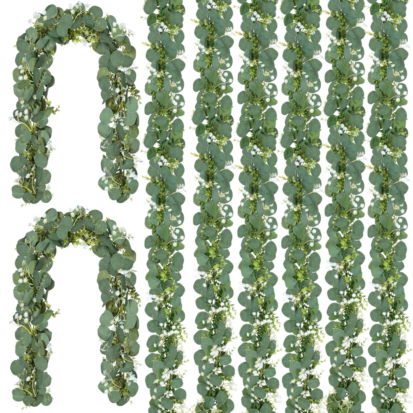 CQURE 8 Pack 5.9Ft Eucalyptus Garland,Artificial Eucalyptus Flowers Leaves Table Greenery Garland Wreath Vines for Wedding Party Table Bedroom Wall Decor