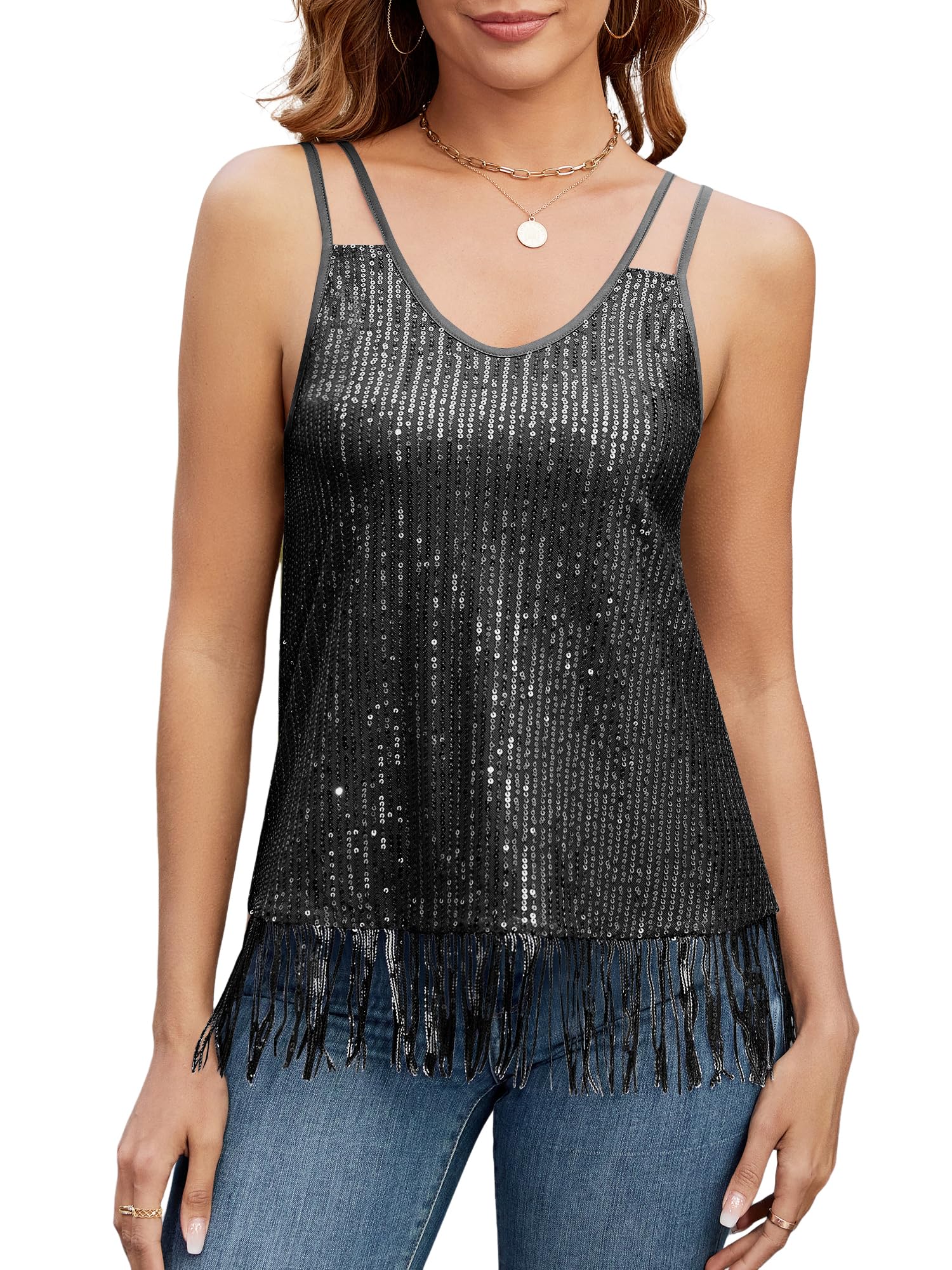 ZAFUL Womens Fashionable Loose Camisole Top with Delicate Sequin Tassel Vest