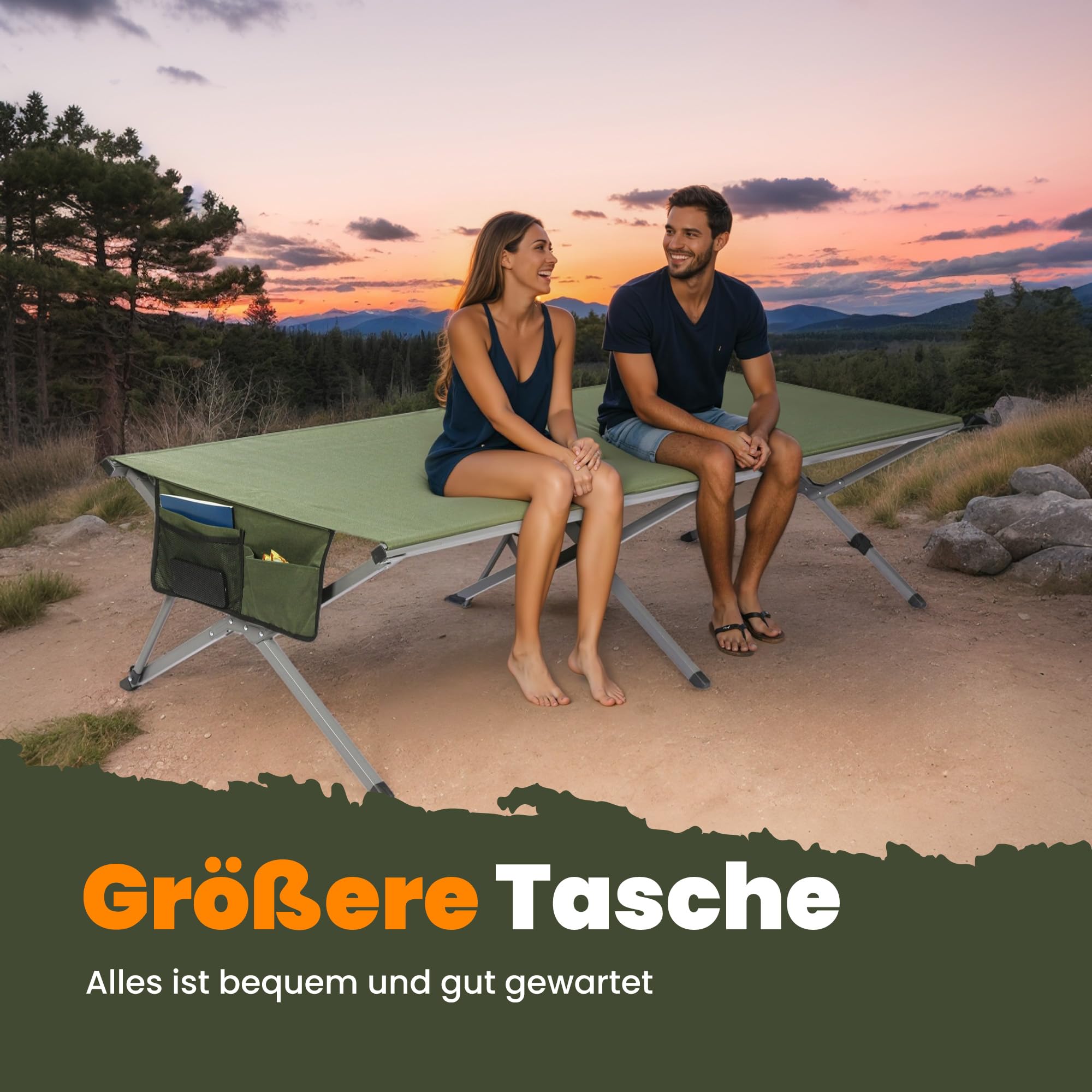 Join Nature Feldbett Klappbar 210 x 80 x 60 cm,Breite Campingbett 200kg Belastbar, Stabil Tragbar Feldbett mit Seitentasche, für Camping Garten Reisen Outdoor und Indoor