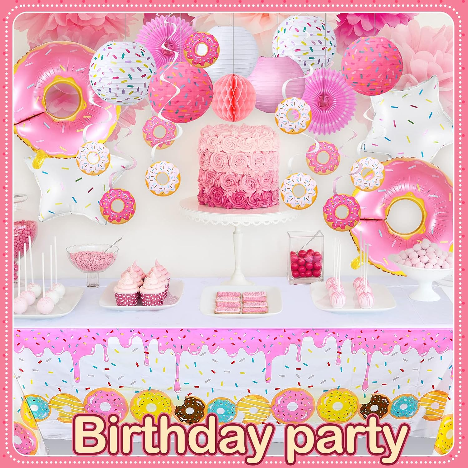 24 Pcs Donut Birthday Party Decorations - Theme Table Cover, 8 Paper Lanterns, Honeycomb Ball, 2 Paper Fans, 10 Hanging Swirls, 4 Balloons Garland for Baby Shower