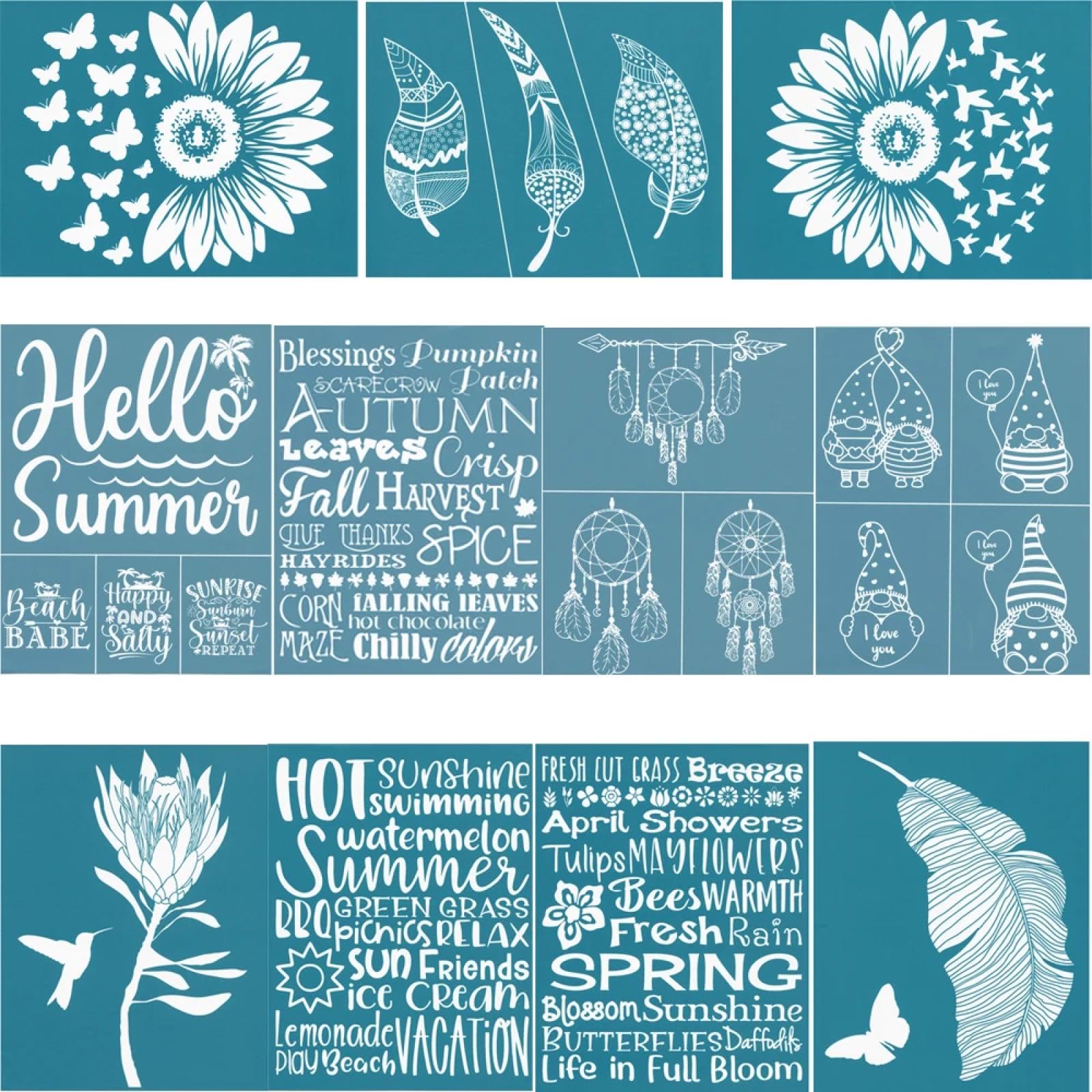 MANGOUSONG Screen Printing Kit,22x28cm Summer Autumn Spring Themed Self-Adhesive Silk Screen Printing Stencil Reusable Mesh Stencils Transfer Washable for Painting Style 9