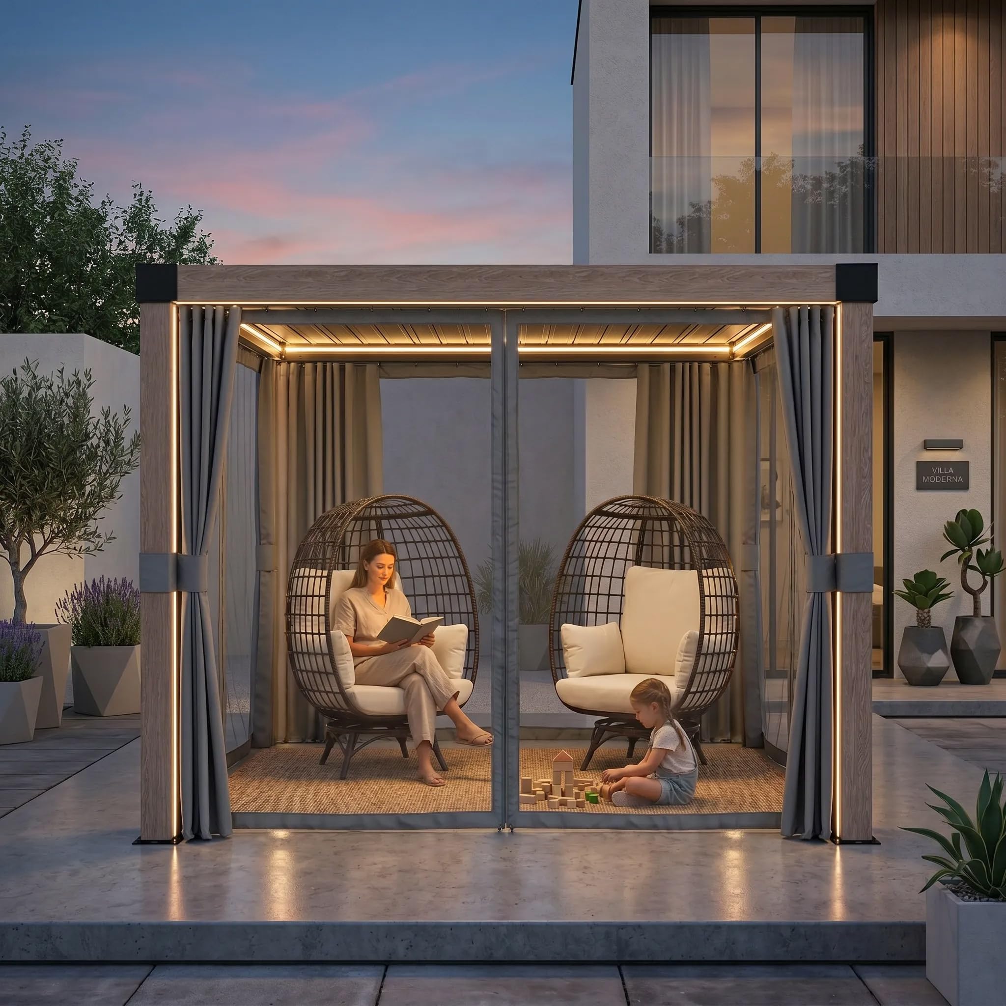 SUNJOY Pergola Ogrodowa 3x3m z zasłonami i siatką przeciwkomarową, Aluminiowa Altana Lamelowa Całoroczna, Ruchomy Dach z Regulacją Kąta, Solidny Pawilon Tarasowy, Efekt drewna